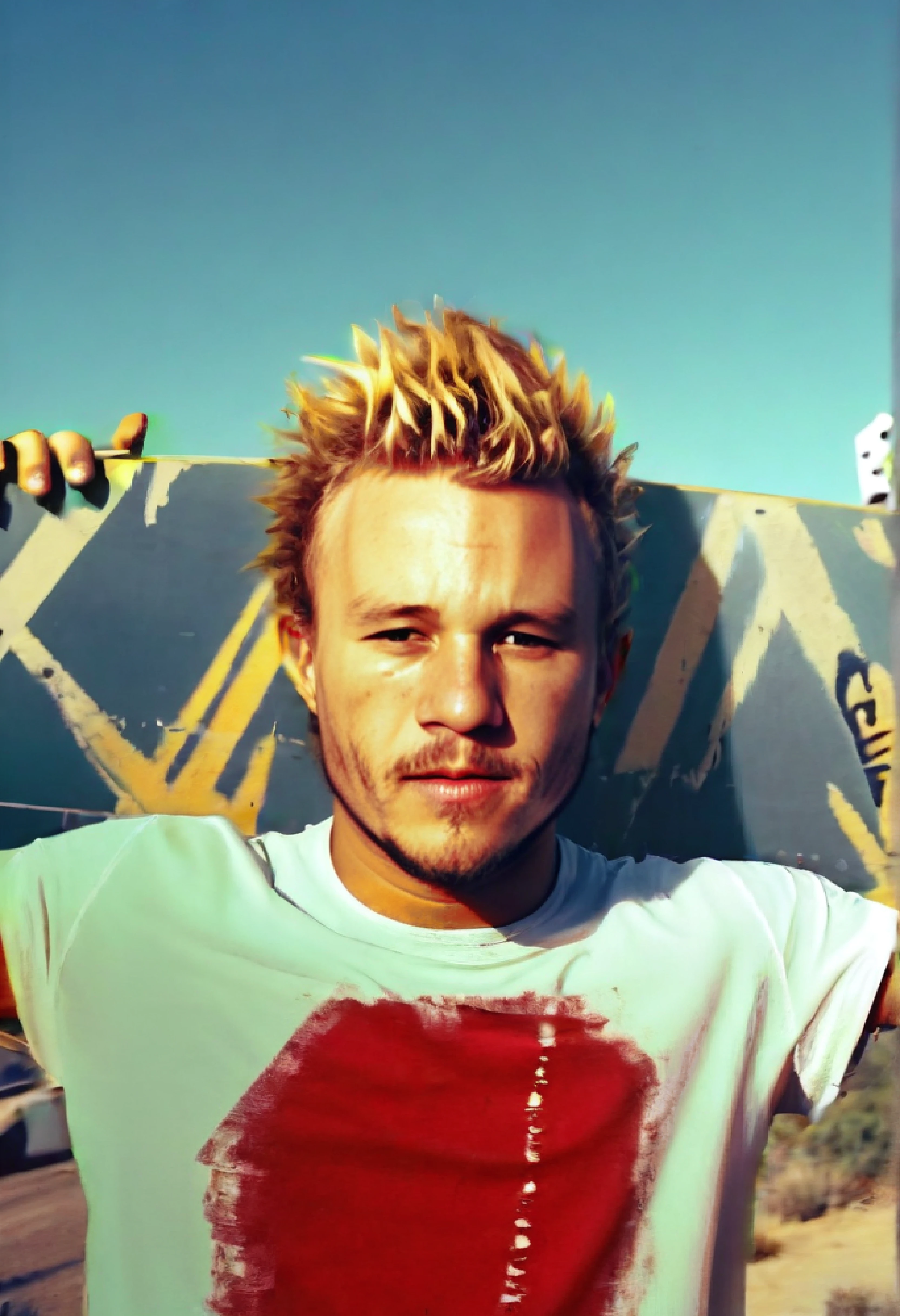 <ckpt:ZavyChroma.safetensors>, <ckpt:Fluently.safetensors>, <lora:HeathLedger.safetensors:1.2>, Photograph of Heath Ledger holding a skateboard behind his head, h3athl3dg3r, spiky blonde hair, facial hair, looking at viewer, Los Angeles, drainage ditch, Raw photo, Canon EOS R3