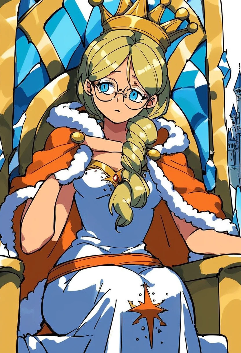 score_9, score_8_up, score_7_up, source_anime,
1girl, solo, queen_frysabel, fur trim, dress, glasses, jewelry, cape,  crown, <lora:queen_frysabel:1>, sitting on throne, ice castle