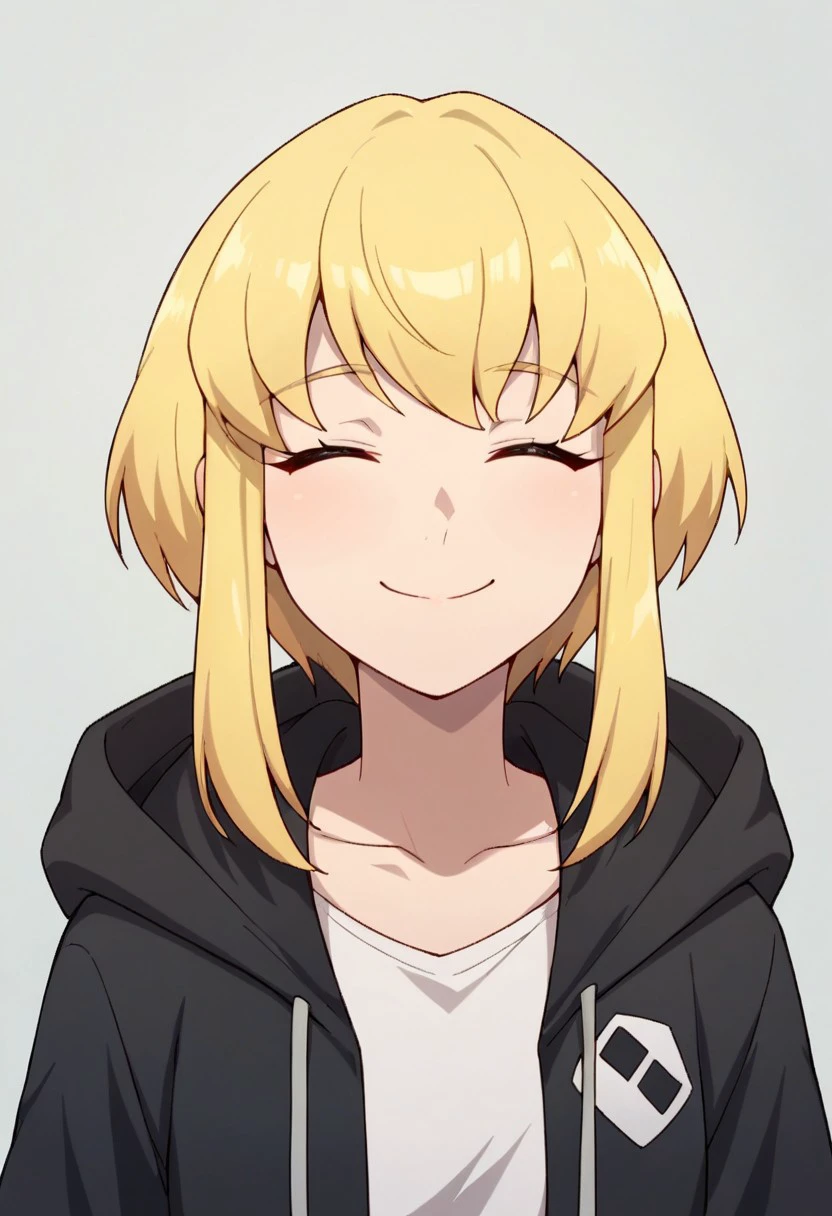 score_9, score_8_up, score_7_up, source_anime,kkara zor-el, blonde hair, short hair, 1girl, closed eyes, hood, solo, hoodie, smile, ^ ^