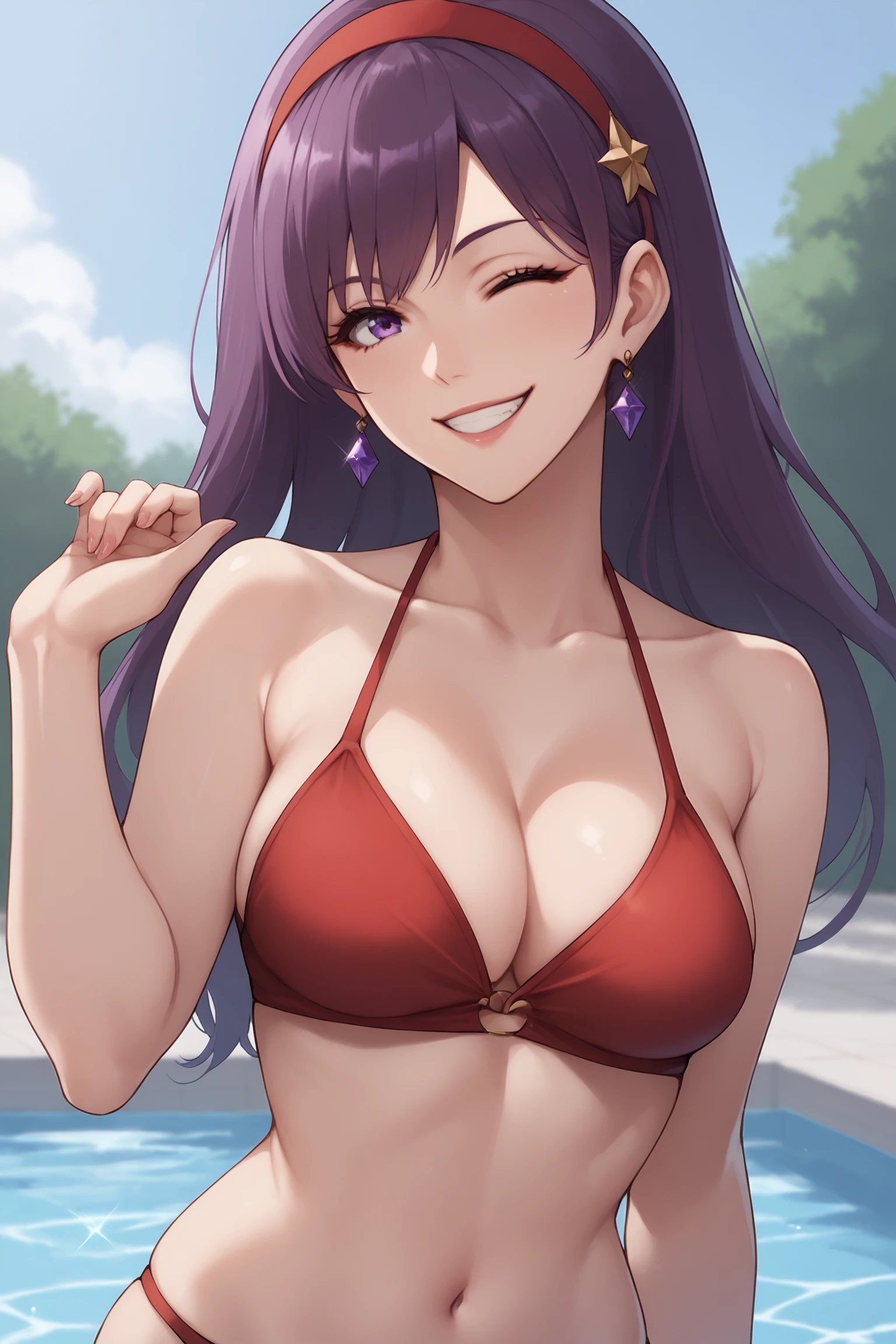 asamiya athena, purple eyes, purple hair, long hair, red hairband, (red bikini:1.5), collarbone, bare shoulder, cleavage, nude, <lora:Asamiya_Athena_KOF'98:0.8>, score_9, score_8_up, score_7_up, score_6_up, score_5_up, source_anime, rating_safe, smile, medium breasts, outdoors, swimming pool, 1girl, solo, looking at viewer, <lora:age_slider_v4:3>,  (upper body:1.1), wink, dynamic pose