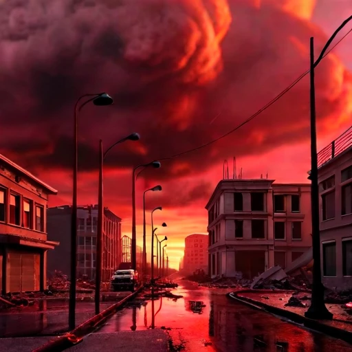 city in hell, hell, scenery, scenery, no humans, lamppost, building, sky, outdoors, road, city, cloud, red sky, cityscape, street, cloudy sky, sunset, realistic, destruction