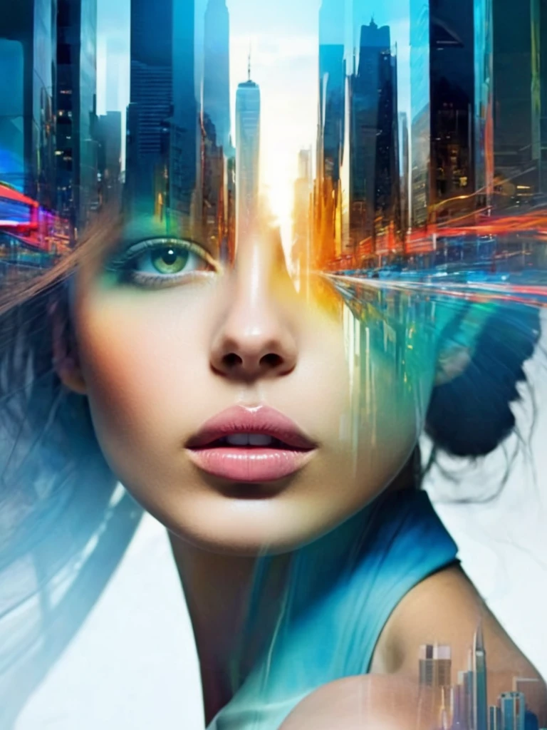 free flowing, high definition, color theory, stunning, sharp focus, portrait of a girl, double exposure style, futuristic cityscape , amora-style <lora:antonio-mora-style:1>