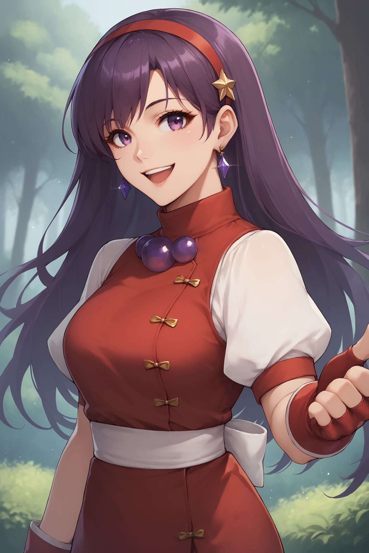 score_9, score_8_up, score_7_up, score_6_up, score_5_up, source_anime, rating_safe, smile, medium breasts, outdoors, forest, 1girl, solo, looking at viewer, <lora:age_slider_v4:3>, asamiya athena, purple eyes, purple hair, long hair, red hairband, purple waterdrop earrings, red vest, red skirt, bike shorts, gloves, red gloves, fingerless gloves, white socks, red shoes, <lora:Asamiya_Athena_KOF'98:0.8>, (upper body:1.3)