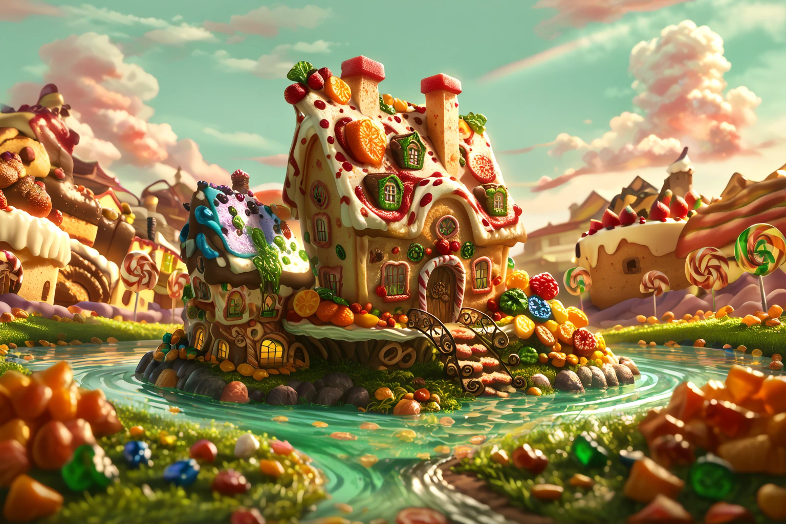 Score_9, Score_8_up, Score_7_up, (masterpiece, best quality), (insaneres), 8k resolution wallpaper, hyperdetailed, 2d, cartoon, sweetscape, full background, fantasy, winding path, (house made of candy:1.3), sugar, shiny, rainbow terrain, candy, (choloate:1.3), oversized truffle, smooth, round roof, rounded corners, dripping, oversized cake, cake, smarties, spiral tree, purple grass, (green water:1.4), (deep depth of field), sunset, glaze, sugar, glitter, volumetric lighting, (Extremely detailed, intricate details)