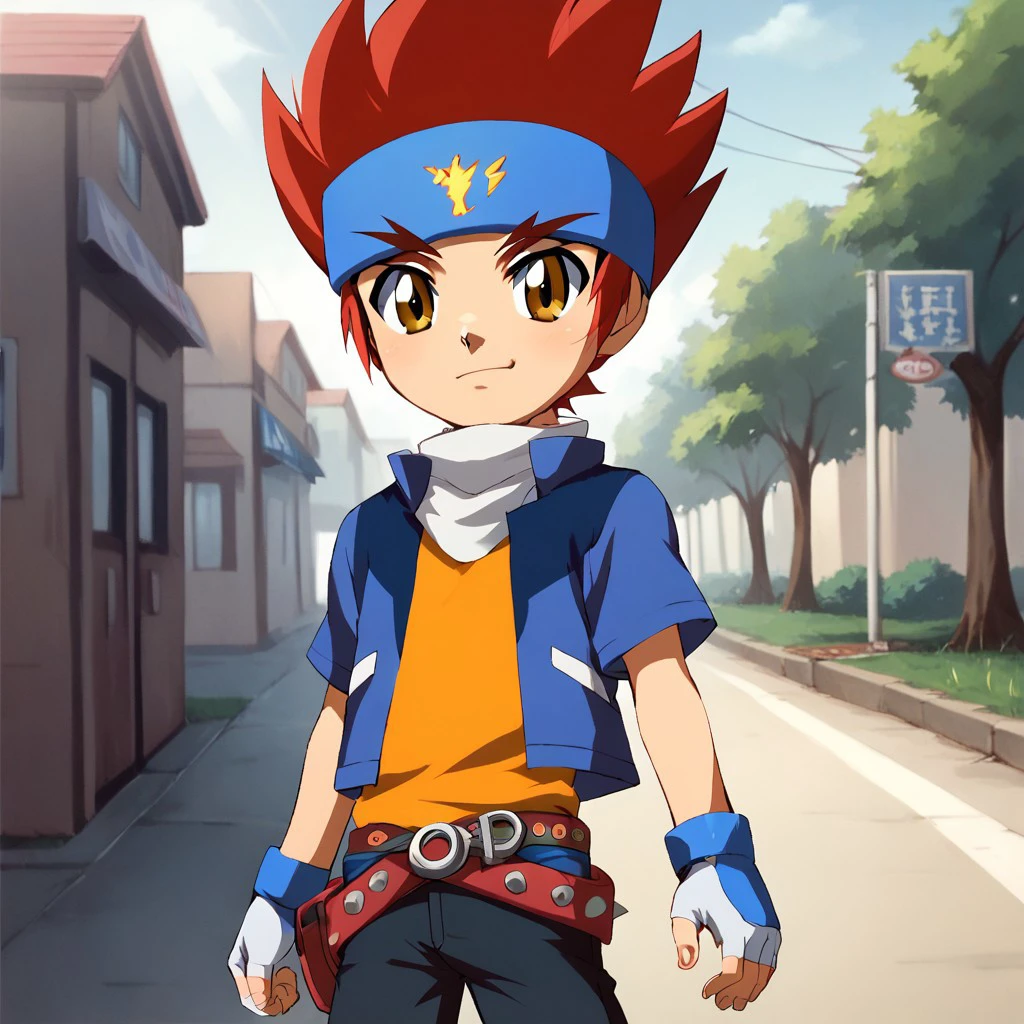 score_9, score_8_up, score_7_up, BREAK, solo, male child, gingka, red hair, spiked hair, headband, fingerless gloves, belt, outdoors,