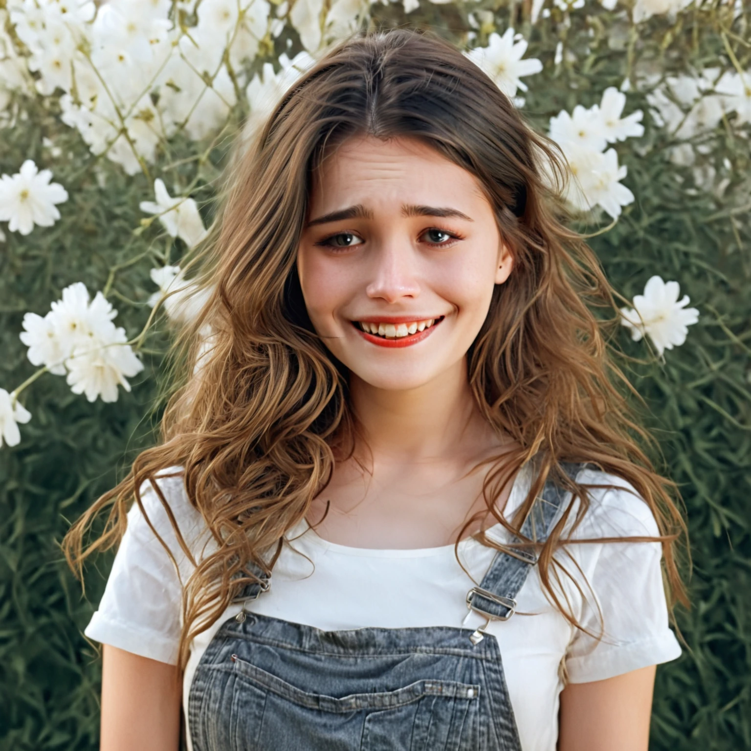 beautiful lady, (grieving, smiling:1.8), conditioned wavy hair, side parted hair, brunette, red lipstick, hyper-detailed photography, soft light, head and shoulders portrait, California girl, aged 20 years old, wearing overalls, sunshine, outside in a yard, large white flowers, by TJ Drysdale <lora:Emotion Puppeteer XL_epoch_17:1>