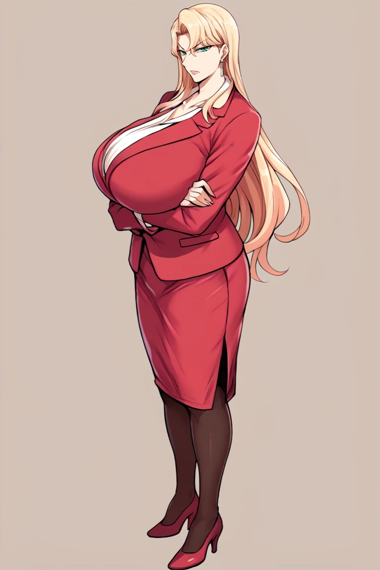 score_9, score_8_up, score_7_up, source_anime,reika kurashiki, mature female, 1girl, , pantyhose, blonde hair, long hair, skirt, high heels, solo, , jacket, formal, , suit, green eyes, crossed arms, red footwear, , , skirt suit, jewelry, pencil skirt, black pantyhose, earrings, bangs, looking at viewer, red jacket<lora:EMS-439921-EMS:1.000000>