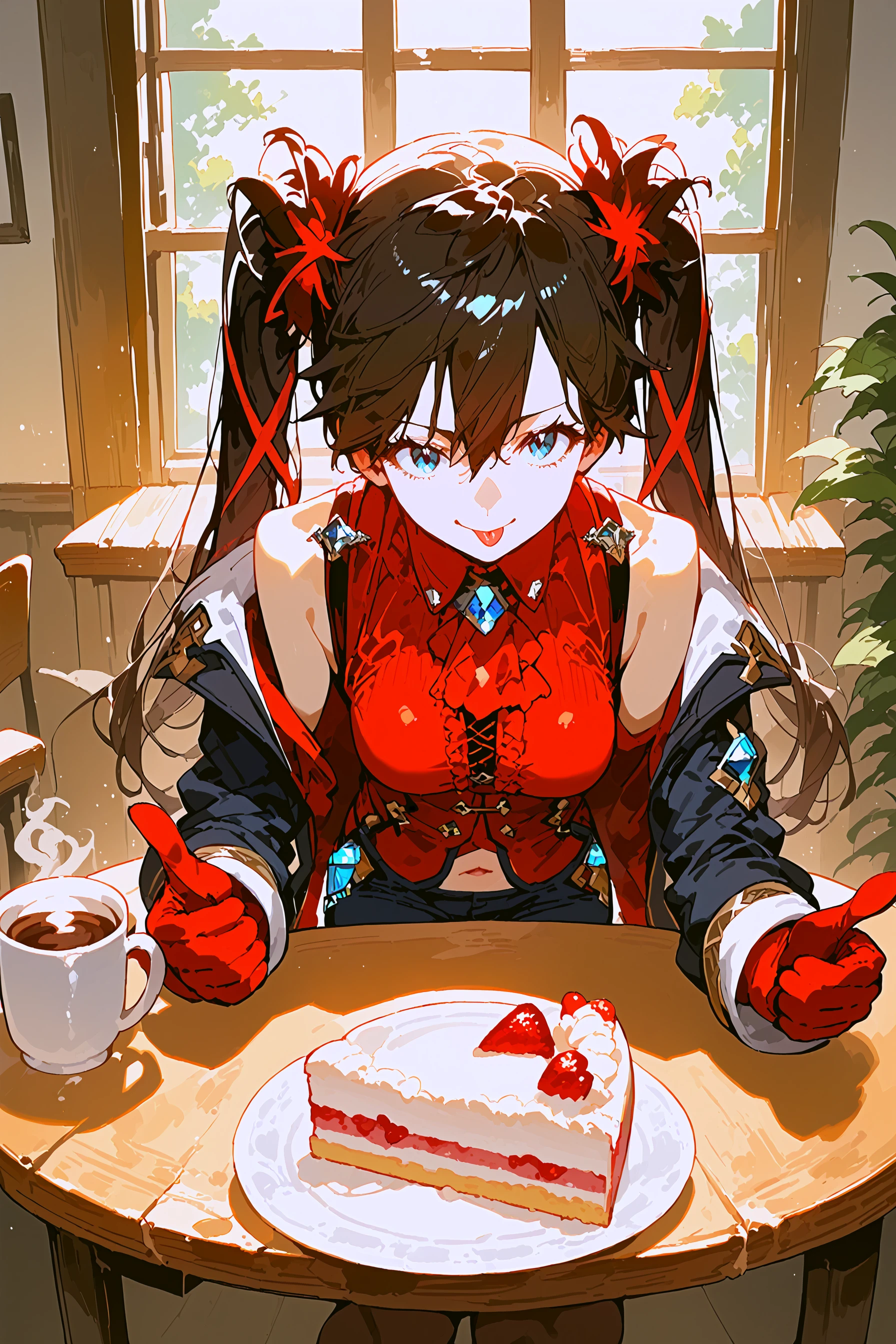 (score_9, score_8_up, score_7_up) BREAK source_anime,1girl,solo,rosaria \(mareless\),rosaria \(red shirt\), navel, gloves,off shoulder coat, smile, tongue out, thumbs up, looking at viewer, upper body, sitting, indoors, wooden table, coffee, cake, <lora:rosaria_mareless:1>