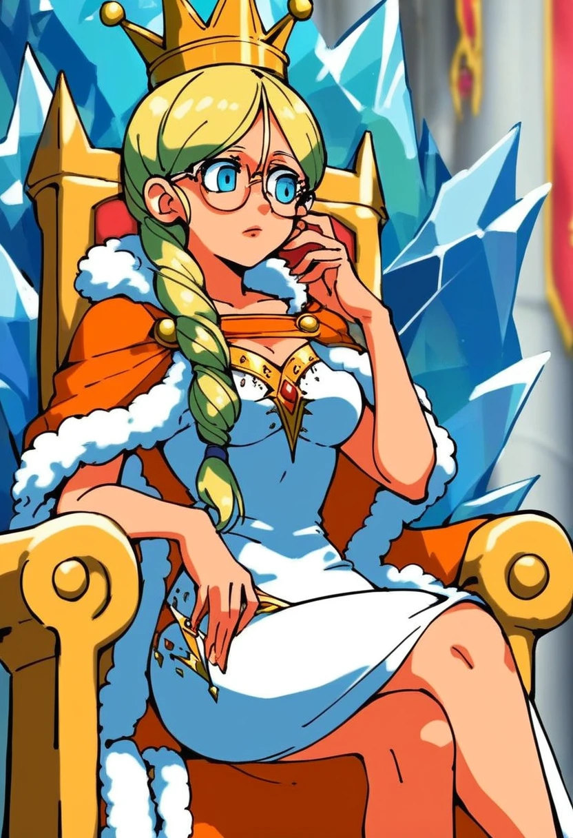 score_9, score_8_up, score_7_up, source_anime,
1girl, solo, queen_frysabel, fur trim, dress, glasses, jewelry, cape,  crown, <lora:queen_frysabel:1>, sitting on throne, ice castle