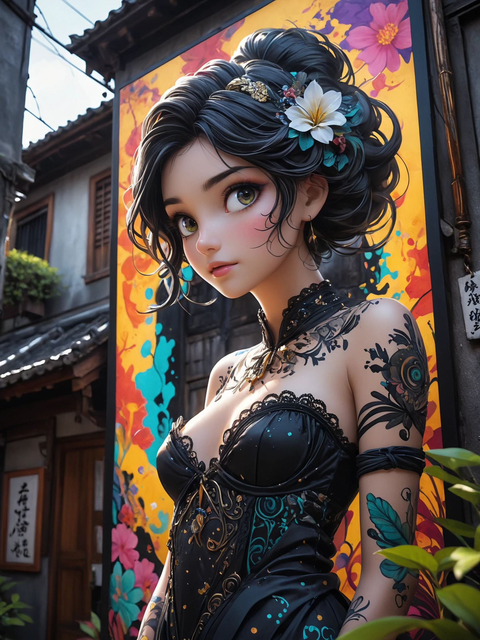 A mesmerizing and surreal art piece by TMann Nyc, featuring a harmonious blend of concept art and alcohol ink on a black background. The artwork showcases a stylized female silhouette, expertly intertwined with vivid colors and shapes of nature. The background reveals a dark, fantastical world with elements of architecture and wildlife, creating an immersive and captivating atmosphere. The overall composition is both visually appealing and impactful, drawing the viewer into its mysterious and enchanting world., poster, graffiti, cinematic, 3d render, fashion, ukiyo-e, vibrant, portrait photography, anime, painting, conceptual art, architecture, dark fantasy, photo, wildlife photography, illustration
epic action, Unreal Engine, cinematic award winning artwork, many details, extreme detailed, full of details,Wide range of colors., dramatic, Dynamic,Cinematic,Sharp details, Insane quality. Insane resolution. Insane details. Masterpiece. 32k resolution. casting shadow style, cucoloris patterned illumination, dvr-lnds-sdxl, ral-dissolve, ral-ertmsphr, ral-porcelain, ral-pxlprtcl, Niji, aidma-niji