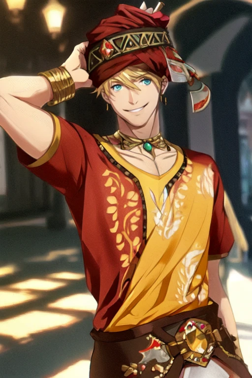 (masterpiece),(best_quality),1boy,Jiten,turban,red tunic,arm cutout,puffy short sleeves,gold bracelet,smile,<lora:Jiten:1>,