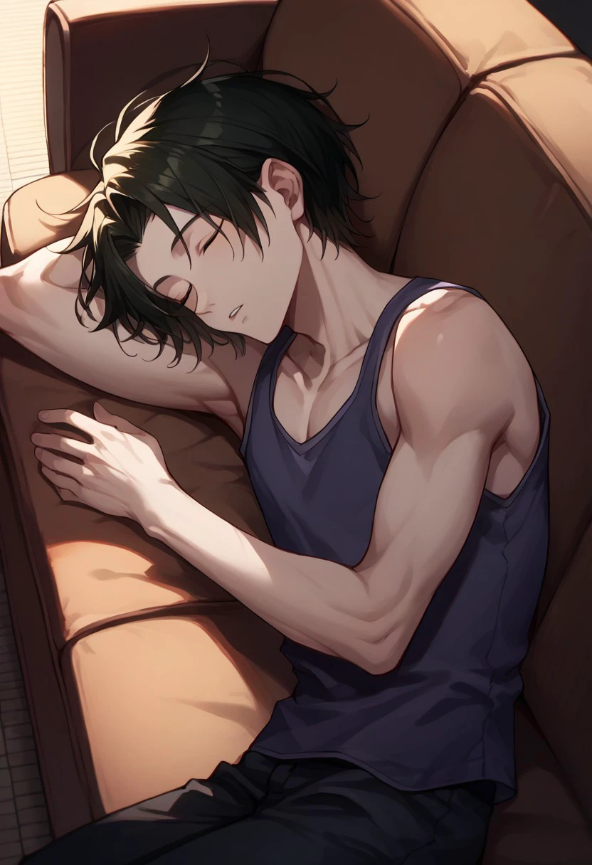 score_9, score_8_up, score_7_up, source_anime, rating_safe, hands with five fingers, Porunter, 1boy, male focus, black hair, purple tank top, parted lips, lying, on side, couch, indoor living room, sleeping, hair strands,