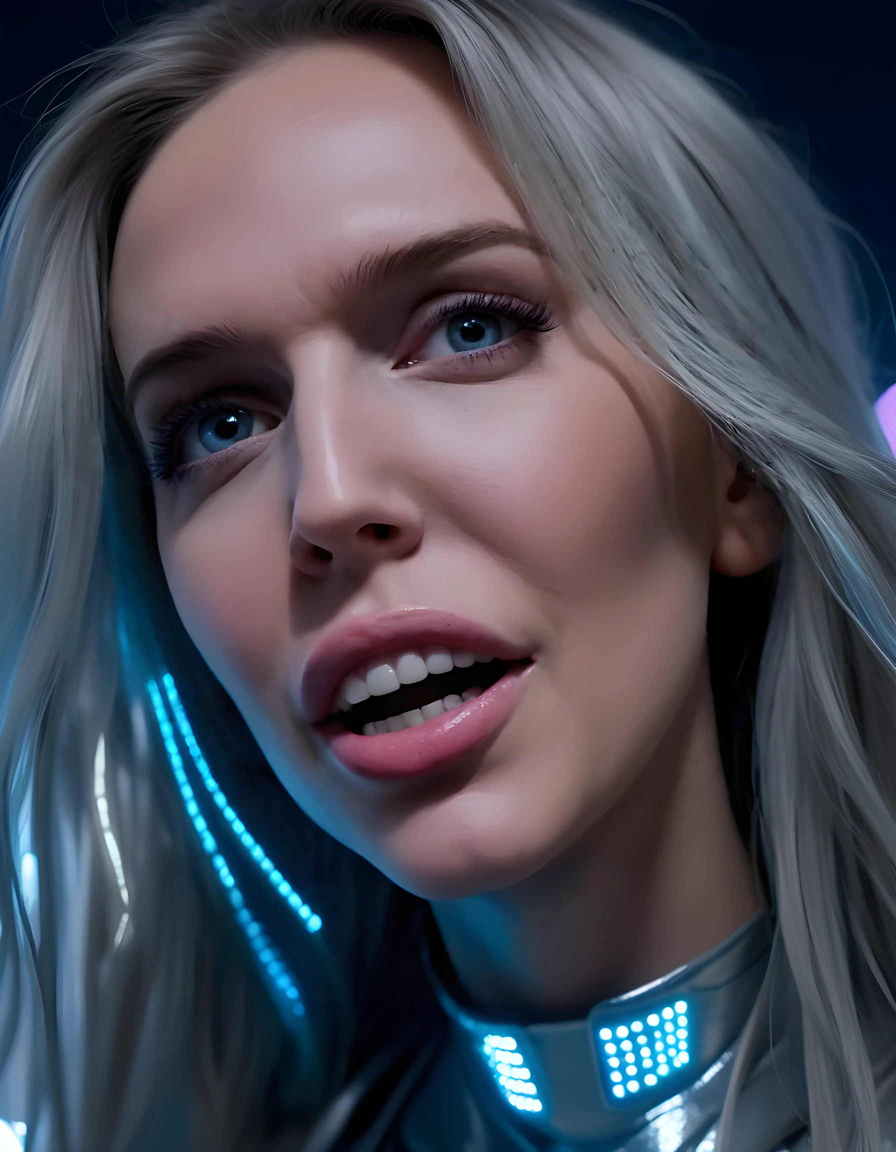 In a dimly lit, futuristic apartment, a striking woman named AL3X4NDR4C, adorned in an intricate, cybernetic-inspired outfit of metallic silver and glowing neon blues, is captured in a close-up image. Her long, flowing hair cascades behind her as she looks directly at the viewer with eyes closed, her open mouth revealing a dazzling array of multi-colored LED teeth that emit a soft, pulsating glow. The camera angle is low, gazing upwards, highlighting the woman's strong jawline and prominent nose. The background showcases a cityscape of towering skyscrapers with neon lights flickering against the dark night sky, creating an emotional tone of intrigue and wonder. A single, soft spotlight illuminates her face, casting dramatic shadows on her cheeks, emphasizing the surreal beauty of this cybernetic vision.