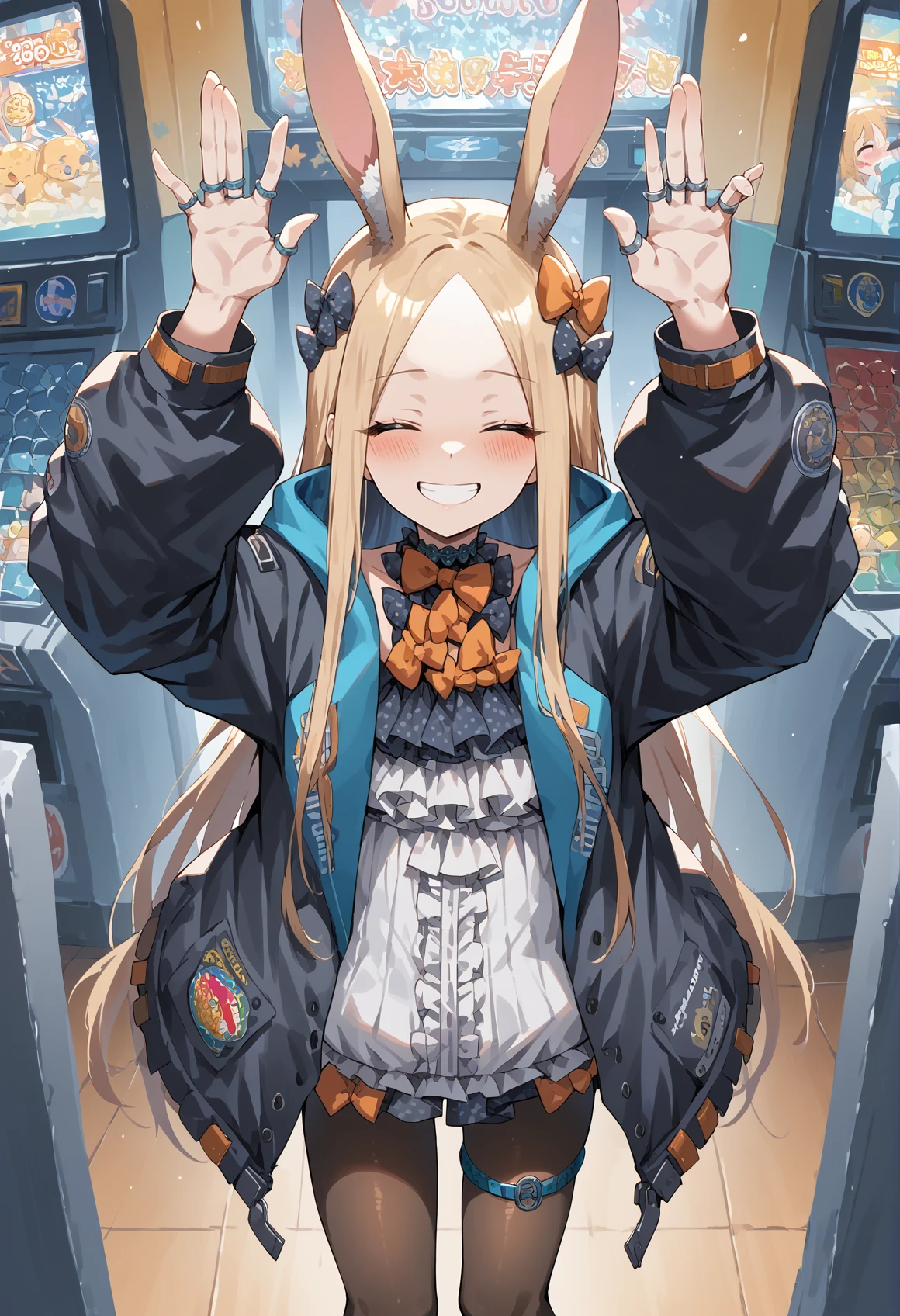 1girl, blonde hair, long hair, blue eyes, forehead, sidelocks, parted bangs, hair bow, polka dot bow, orange bow, closed eyes, rabbit pose, choker, ascot, hooded jacket, blouse, ring, checkered skirt, pantyhose, Thigh Strap, rabbit pose, smile, XD, blushing  <lora:Amiya_XL:1> <lora:abby_xl:1> indoors, arcade, score_9, score_8_up, score_7_up, score_6_up, score_5_up, score_4_up, BREAK source_anime, masterpiece