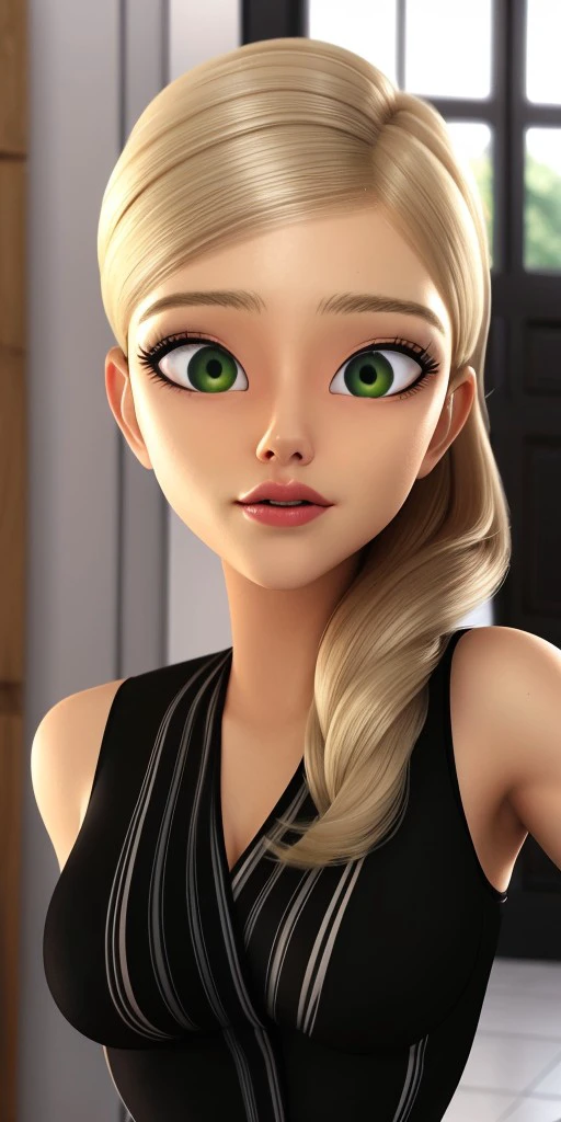 Hyperrealistic, photorealistic, super detailed, blond hair which kept in a side ponytail, upturned green eyes, thin eyebrows, pointy chin, body like in real life, large pores, fair-skinned, beautiful arms, unreal engine, octane render, droped shadow, bokeh, cinematic lighting, Amelie Graham de Vanily, Emilie Agreste, , <lora:ff2c9a34-5dff-4a13-8ade-c0c35d6a79ce:0.7>