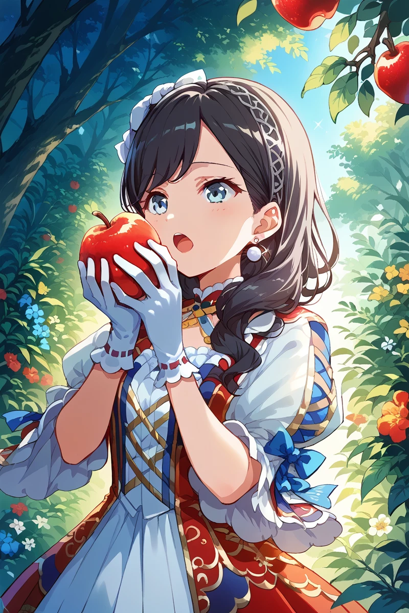 score_9, score_8_up, score_7_up, score_6_up, 1girl,
 <lora:Koharu_Yanagi:0.9> koharu, blue eyes, fruit, apple, food, gloves, solo, holding fruit, flower, jewelry, earrings, tree, open mouth, white gloves, black hair, purewhite