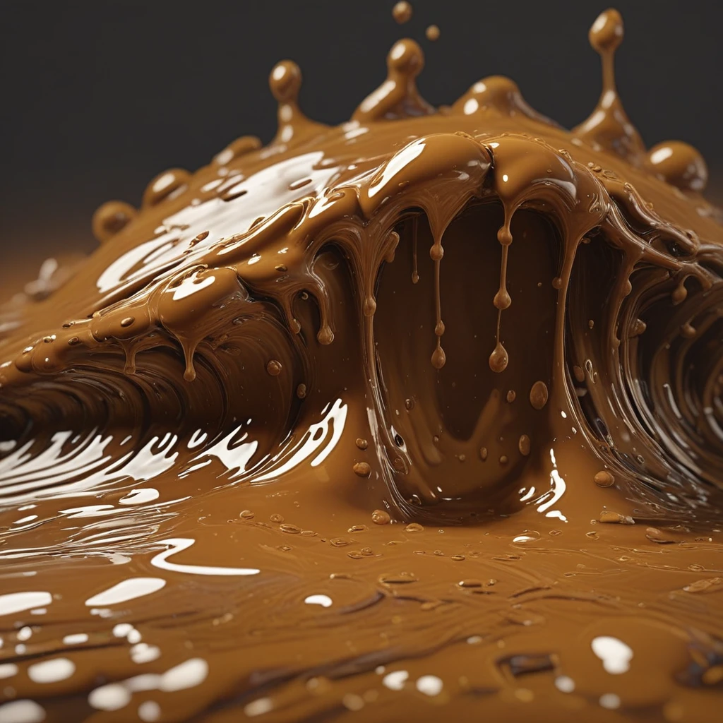 gradient, black background, realistic, choco, blurry, brown theme, closed eyes, slime, breasts