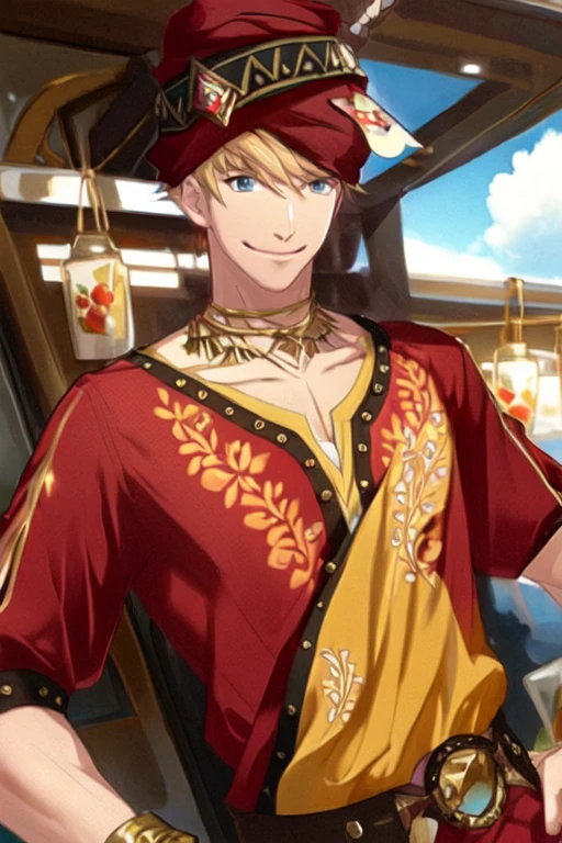 (masterpiece),(best_quality),1boy,Jiten,turban,red tunic,arm cutout,puffy short sleeves,gold bracelet,smile,<lora:Jiten:1>,