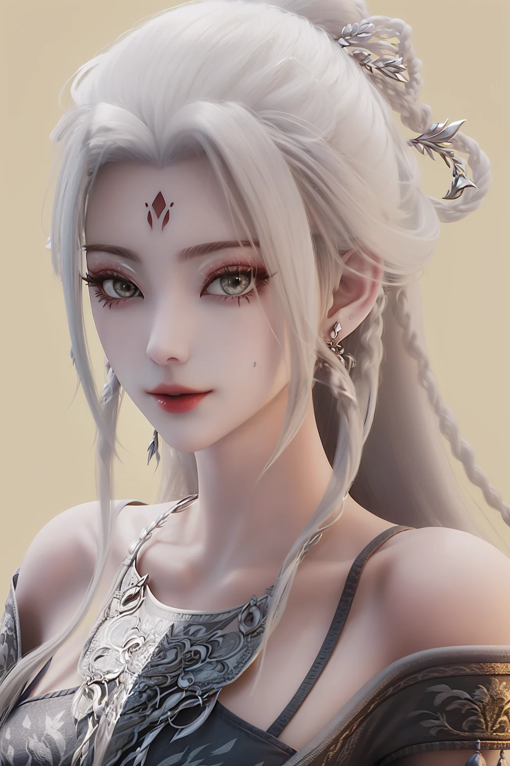 <lora:XiaobaiSD15-000008:0.9>,
solo,masterpiece,highest quality,exquisite details,amazing art,realistic details,pretty face,real skin,8K,RAW,movie lighting,soft light,shallow depth of field,bokeh,dreamy,
xiaobai,1girl,jewelry,solo,earrings,hair ornament,(yellow background:1.3),white hair,long hair,red lips,simple background,looking at viewer,bare shoulders,braid,portrait,grey eyes,makeup,forehead mark,