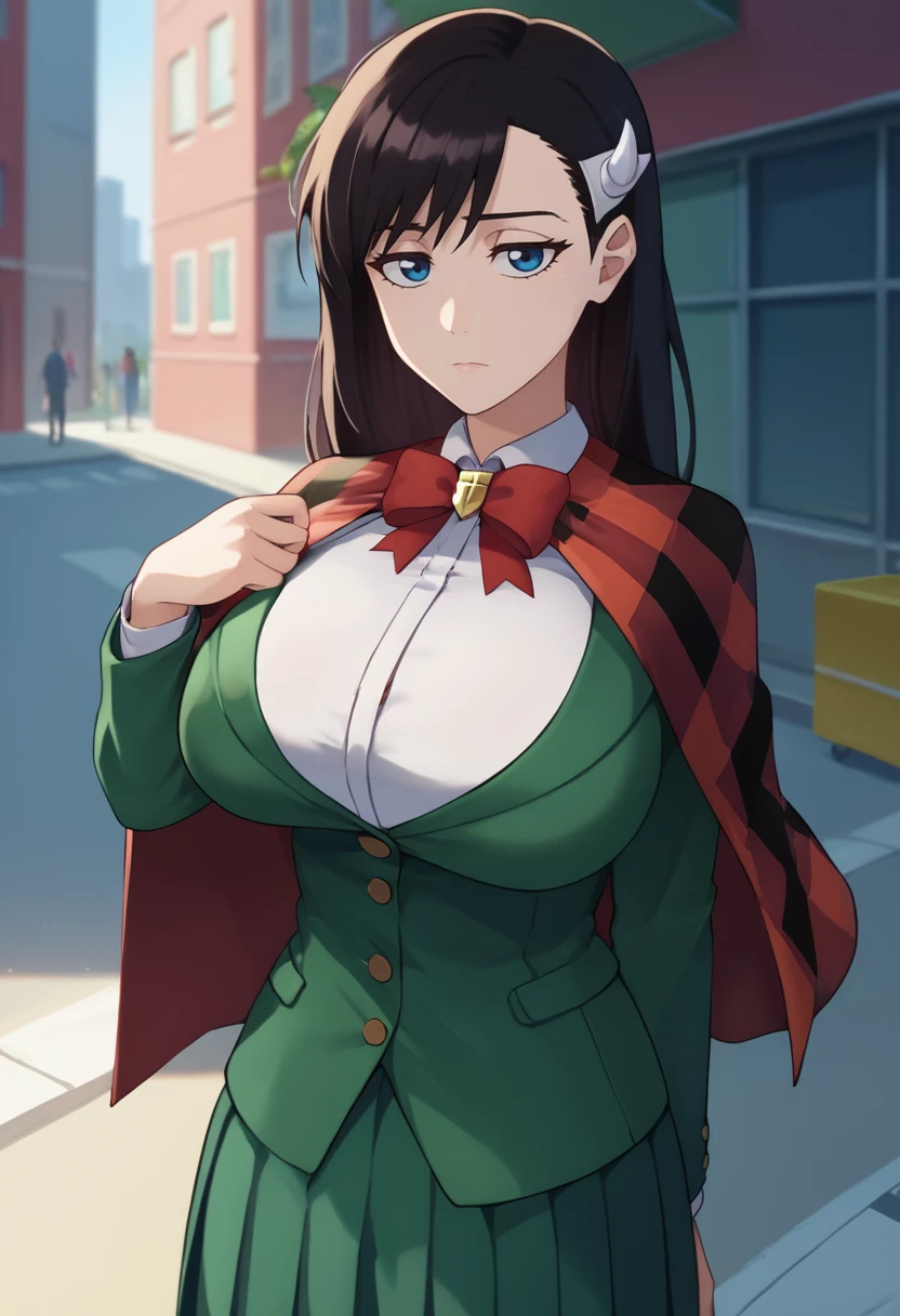 score_9, score_8_up, score_7_up, source_anime, solo, 1girl, niihashi noel, expressionless, looking at viewer, standing, hairclip, red capelet, plaid, green jacket, long sleeves, white shirt, collared shirt, red bowtie, green skirt, pleated skirt, large breasts, outdoors, city sidewalk <lora:burnthewitch_niihashi_ponyXL:1>