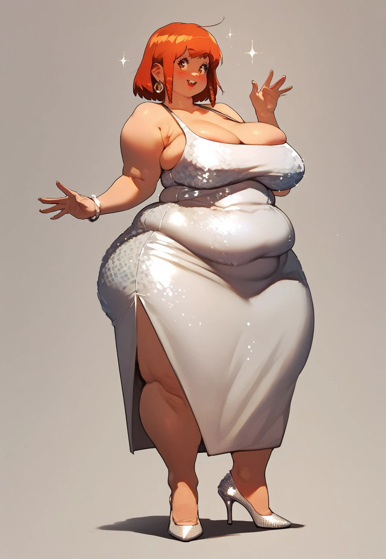 embedding:urn:air:sd1:embedding:civitai:222256@250708, score_9, score_8_up, score_7_up, score_6_up, obese, wide hips, bottom-heavy, cellulite, 1girl, tight dress, short skirt, sparkling dress, (sequins:1.2), heels, waving, large breasts, perky breasts