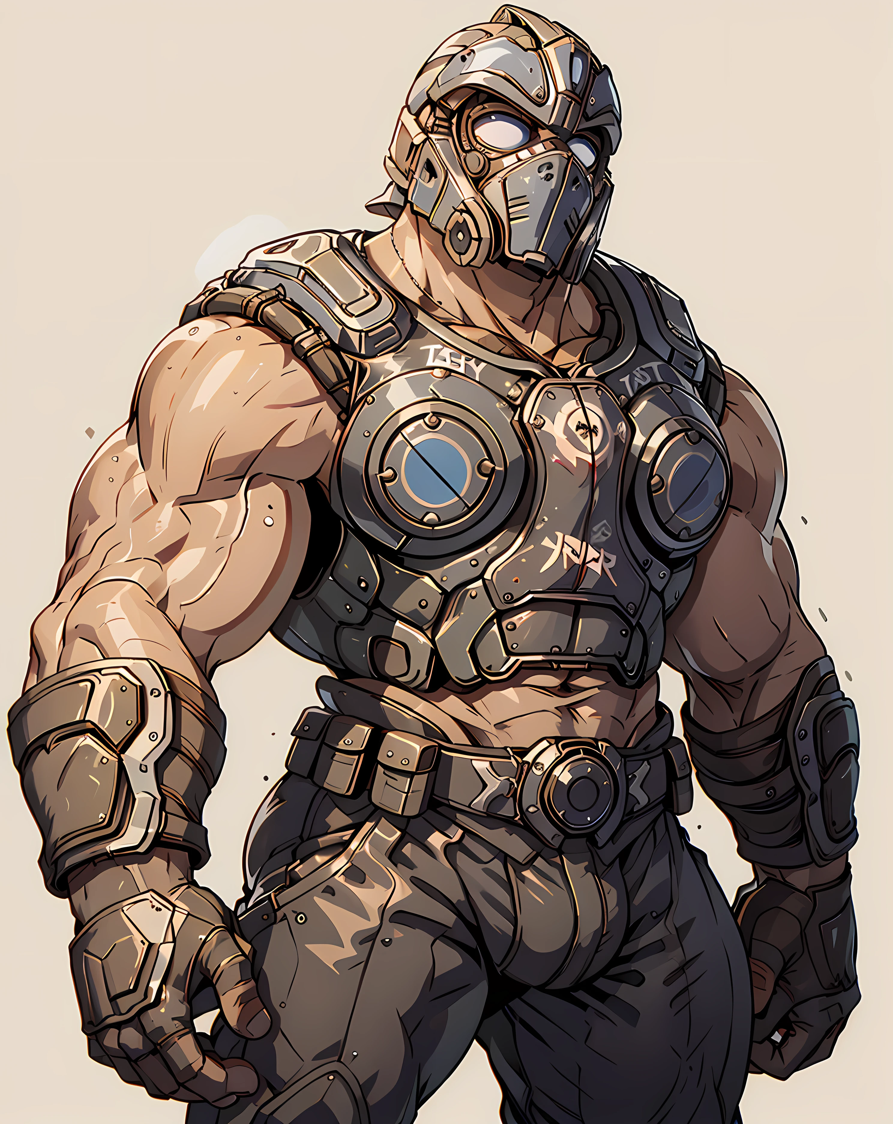 clayton_carmine, looking at viewer, armor, bacon, a heaping amount of bacon background, (muscular:1.1), helmet <lora:Clayton_Carmine:0.8>