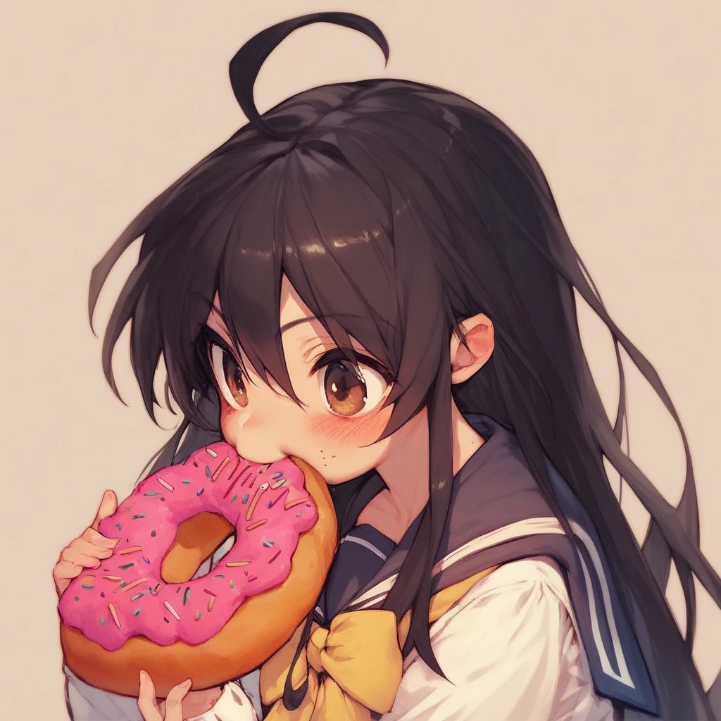 score_9, score_8_up, score_7_up, score_6_up, Shana, 1girl,  solo, long hair, blush, black hair, bow, brown eyes, school uniform, ahoge, food, serafuku, eating, mouth hold, yellow bow, food in mouth, bread, doughnut, cookie, shana, sensitive