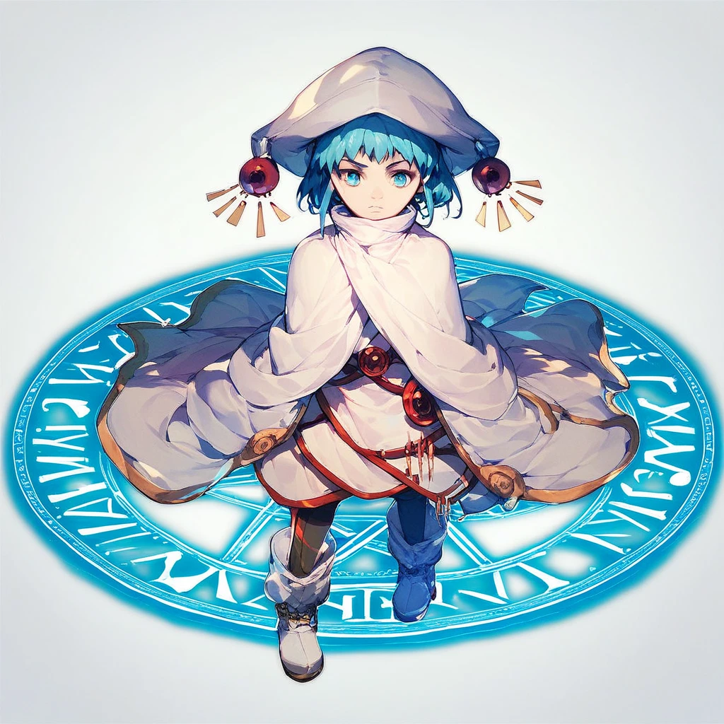 score_9, score_8_up, score_7_up, score_6_up, Hecate, 1girl, solo, short hair, blue eyes, hat, white background, blue hair, boots, cape, cloak, magic circle, sensitive