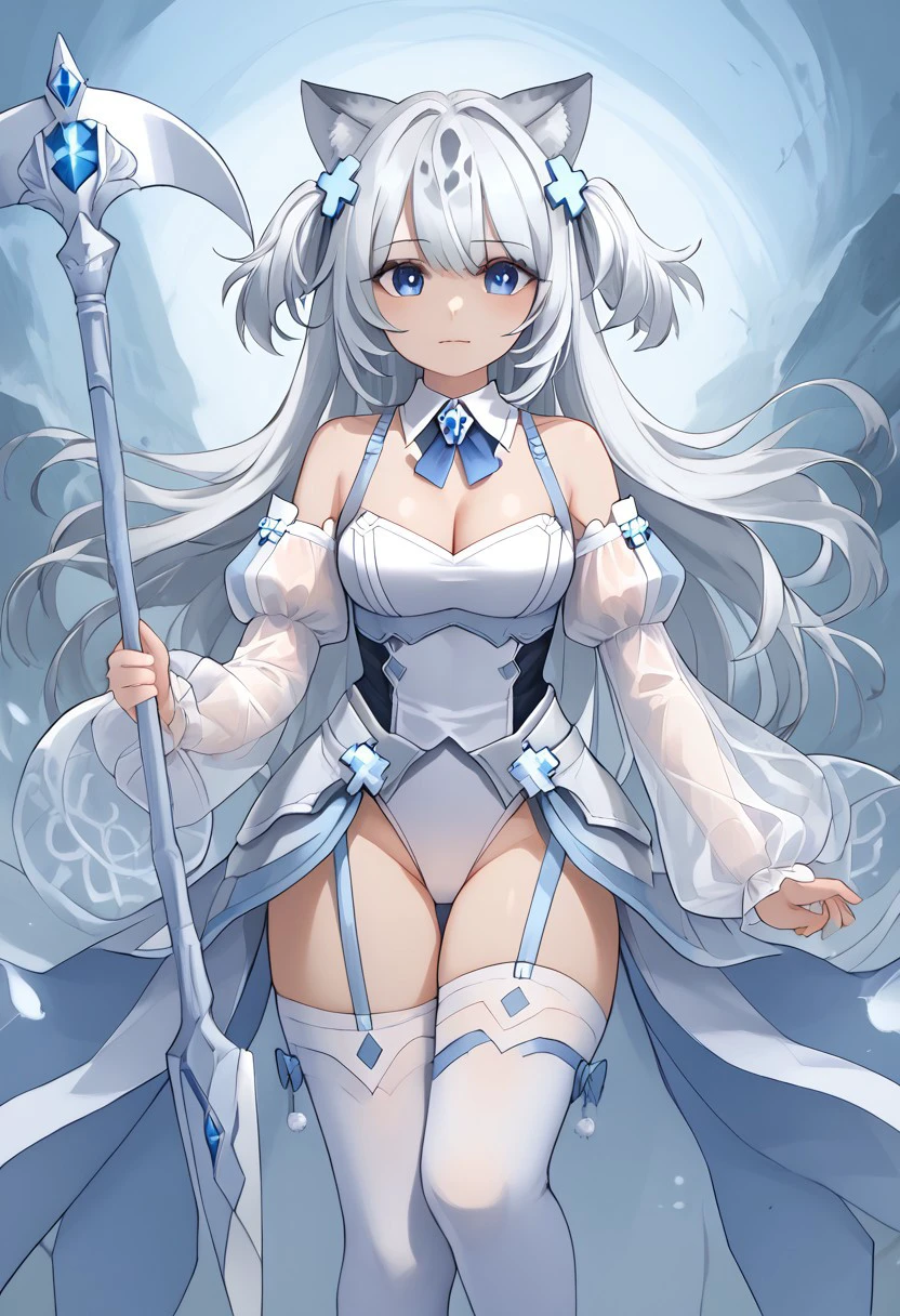 FuuraYuri3rd, spotted hair, white hair, blue eyes, long hair, animal ears, hair ornament, bangs, two side up, cleavage, detached sleeves, white leotard, long sleeves, puffy sleeves, detached collar, see-through sleeves, white thighhighs, clothing cutout, armor, scythe, holding scythe