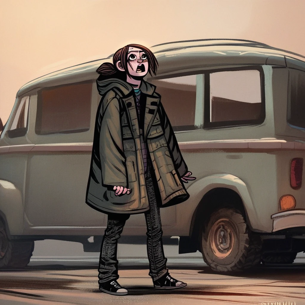 score_9, score_8_up, score_7_up, score_6_up, Ellie-Williams, LTOU, American-Dreams Style,  1girl,  solo, open mouth, brown hair, standing, jacket, full body, shoes, pants, hood, coat, looking up, motor vehicle, freckles, general