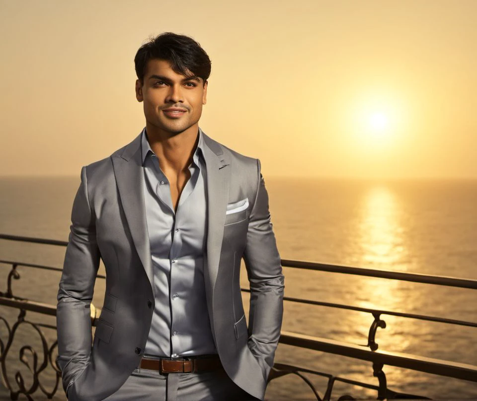 Nautical-themed (Photo:1.3) of (Ultrarealistic:1.3) <lora:Man_Men_FFashion:1> Neeraj Chopra a man <lora:Neeraj-Chopra:1> in a grey suit standing on a balcony, handsome man, attractive man, handsome male, sun behind him, inspired by Pablo Munoz Gomez, shot at golden hour, editorial photograph, midshot of a hunky, by Roman Bezpalkiv, by Artur Tarnowski, maxim sukharev, by Gabor Szikszai,Highly Detailed,(Mono Color:1.3) . Sea, ocean, ships, maritime, beach, marine life, highly detailed