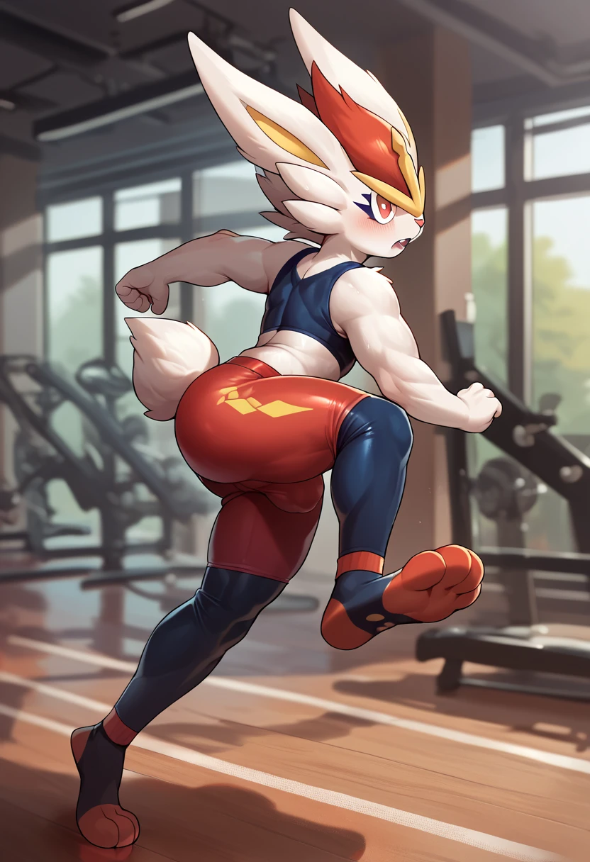 score_9, score_8_up, score_7_up, score_6_up, source_furry, solo, dof, full-length portrait, blurred background, rating_explicit, nsfw, <lora:POKEMON_CINDERACE:1> cinderace, pokemon (creature), rabbit tail, exercising, jogging, motion blur, tight pants, spandex, latex pants, bulge,  <lora:STYLE_TAKAHIROSI_PONY_XL:0.8> takahirosi