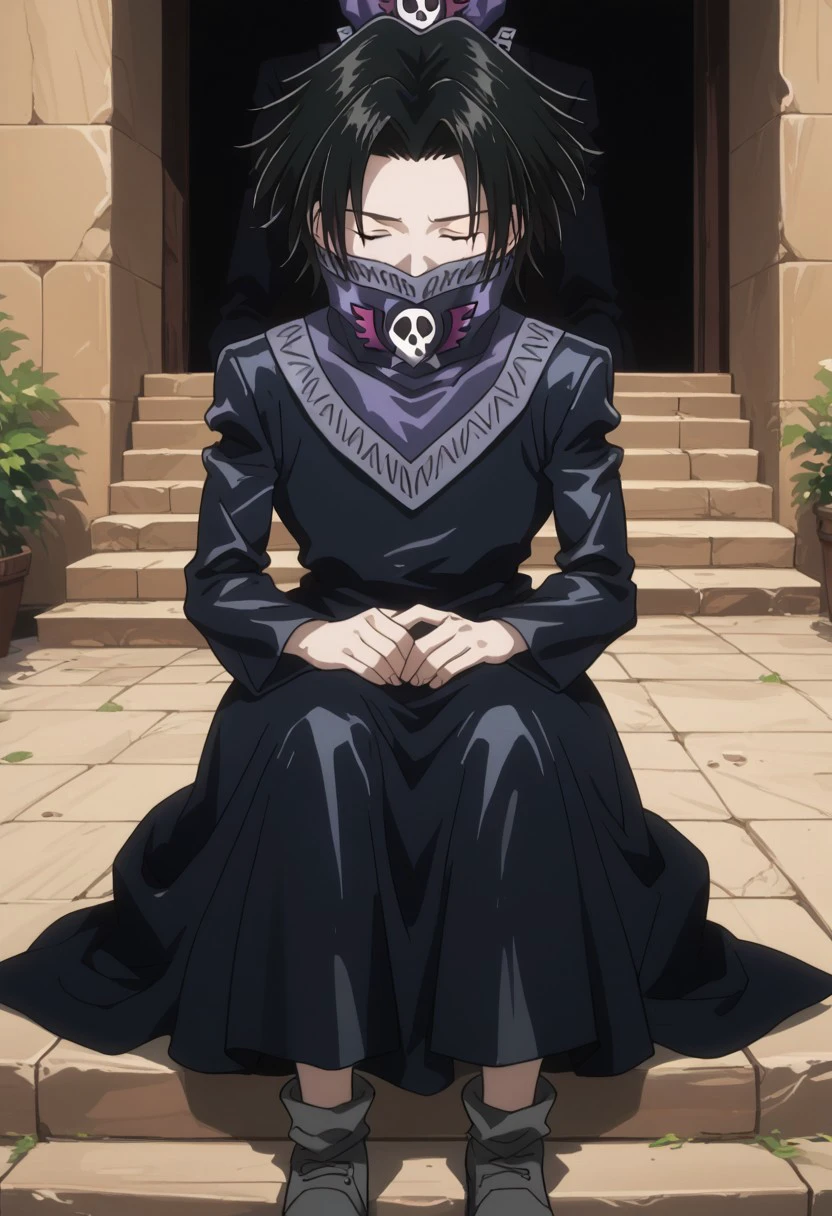 score_9, score_8_up, score_7_up, source_anime, rating_safe, Porunter, 1boy, male focus, anime screencap, closed eyes, dark purple bandana mask, black long-sleeve dress, grey shoes, sitting,