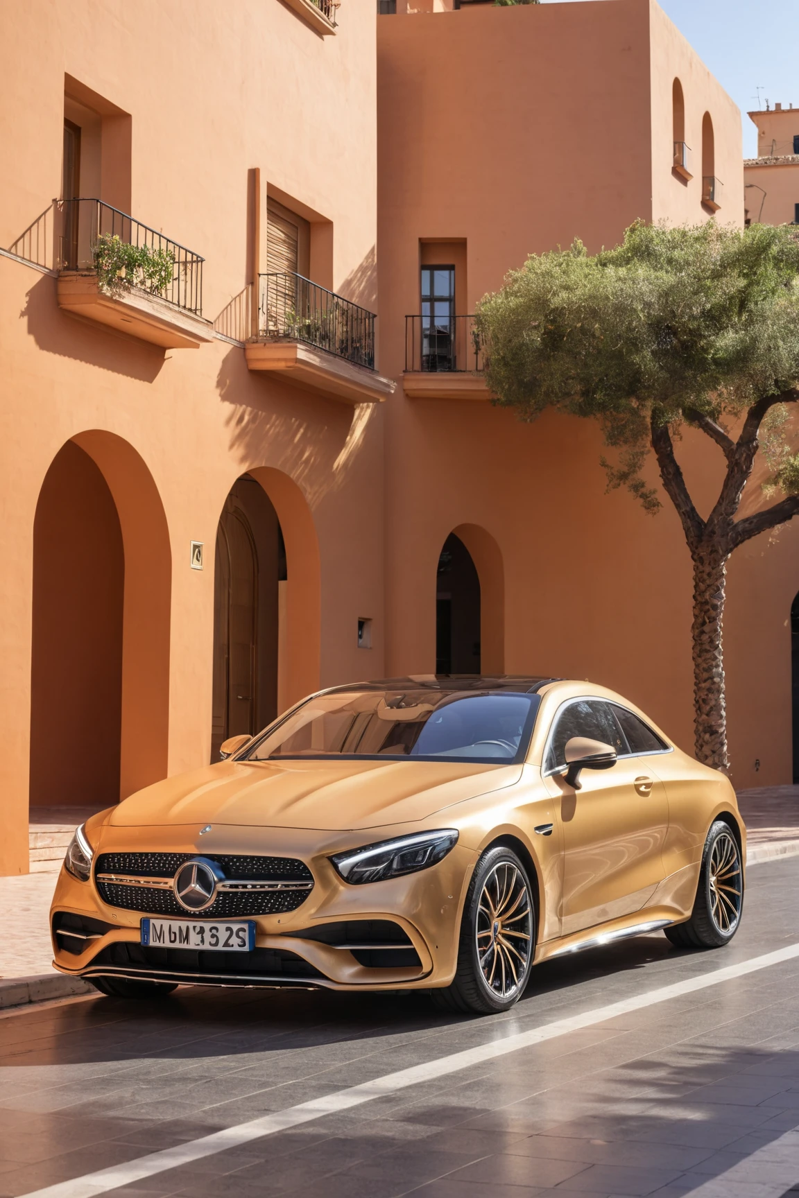 RAW photo, (close up view:1.2), golden car from Mercedes-Benz with simple grille, modern headlights, and aerodynamic lines,  mediterranean building with a (red terracotta) facade and arches background