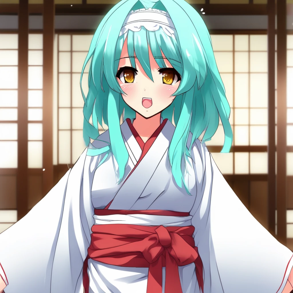 score_9, score_8_up, score_7_up, source_anime,  NonakaYuki, 1girl, solo, closed mouth, light smile, blush, aqua hair, yellow eyes, side braid, YukiWedding, japanese clothes, (hood:1.2), white kimono, red sash, standing, looking at the viewer,  indoors