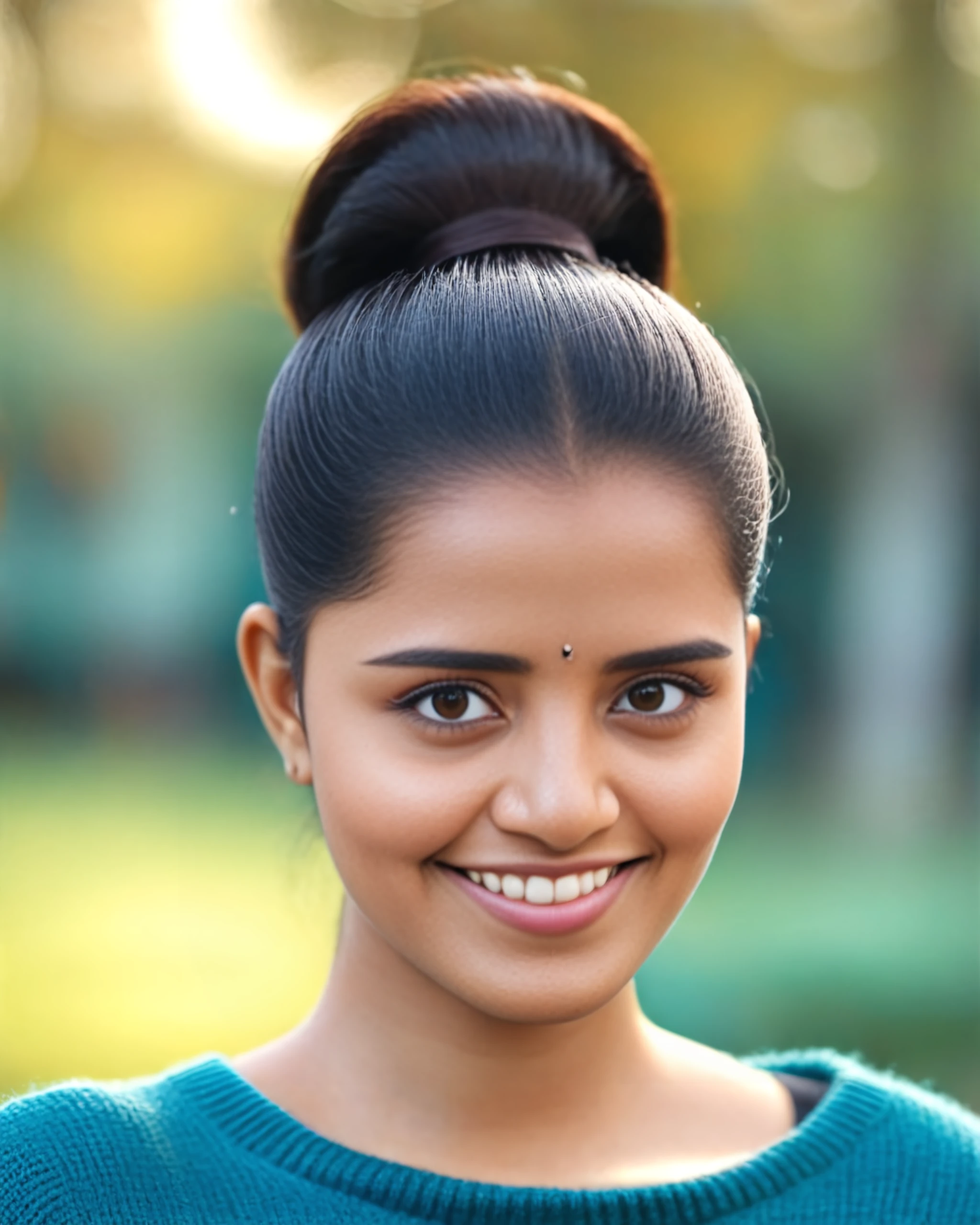 portrait photo of Anu Param woman, solo, ponytail hair cut, smile, looking at the camera, ethnic Teal turtleneck sweater, , contrasting background bokeh,  skindentation,  <lora:Anu_Param_SDXL_LoRA_prodigy_local_xformers_HNE:1>