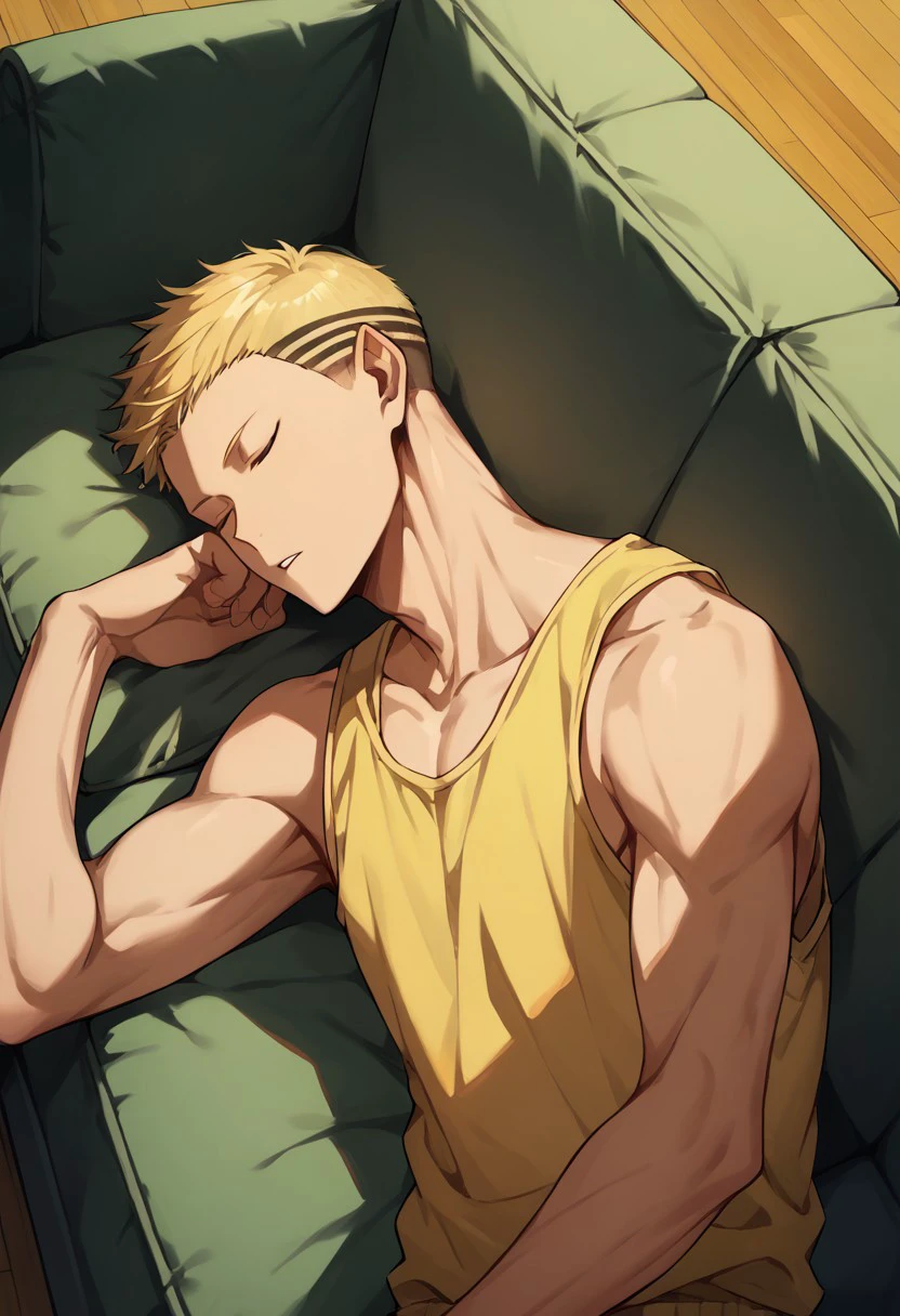 score_9, score_8_up, score_7_up, source_anime, rating_safe, hands with five fingers, Kenaikyu, 1boy, male focus, blonde buzz cut, yellow tank top, parted lips, lying, on side, couch, indoor living room, sleeping,