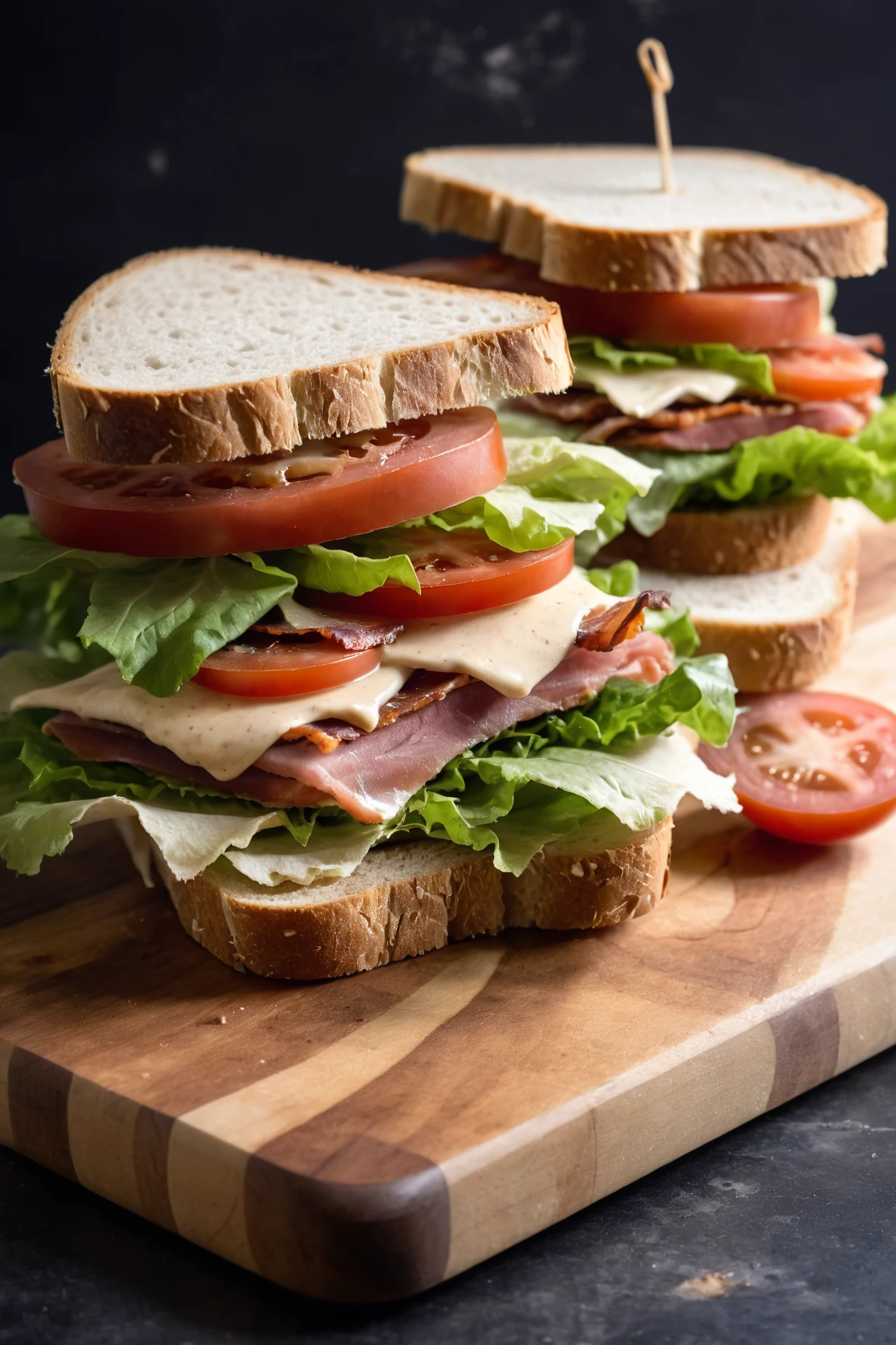 RAW photo, high contrast, dramatic light, BLT sandwich on a wooden cutting board, irregular bread, fresh lettuce, bacon, ripe tomato slices, and a creamy, tangy sauce, the sandwich bread appears to be artisanal, background is dark