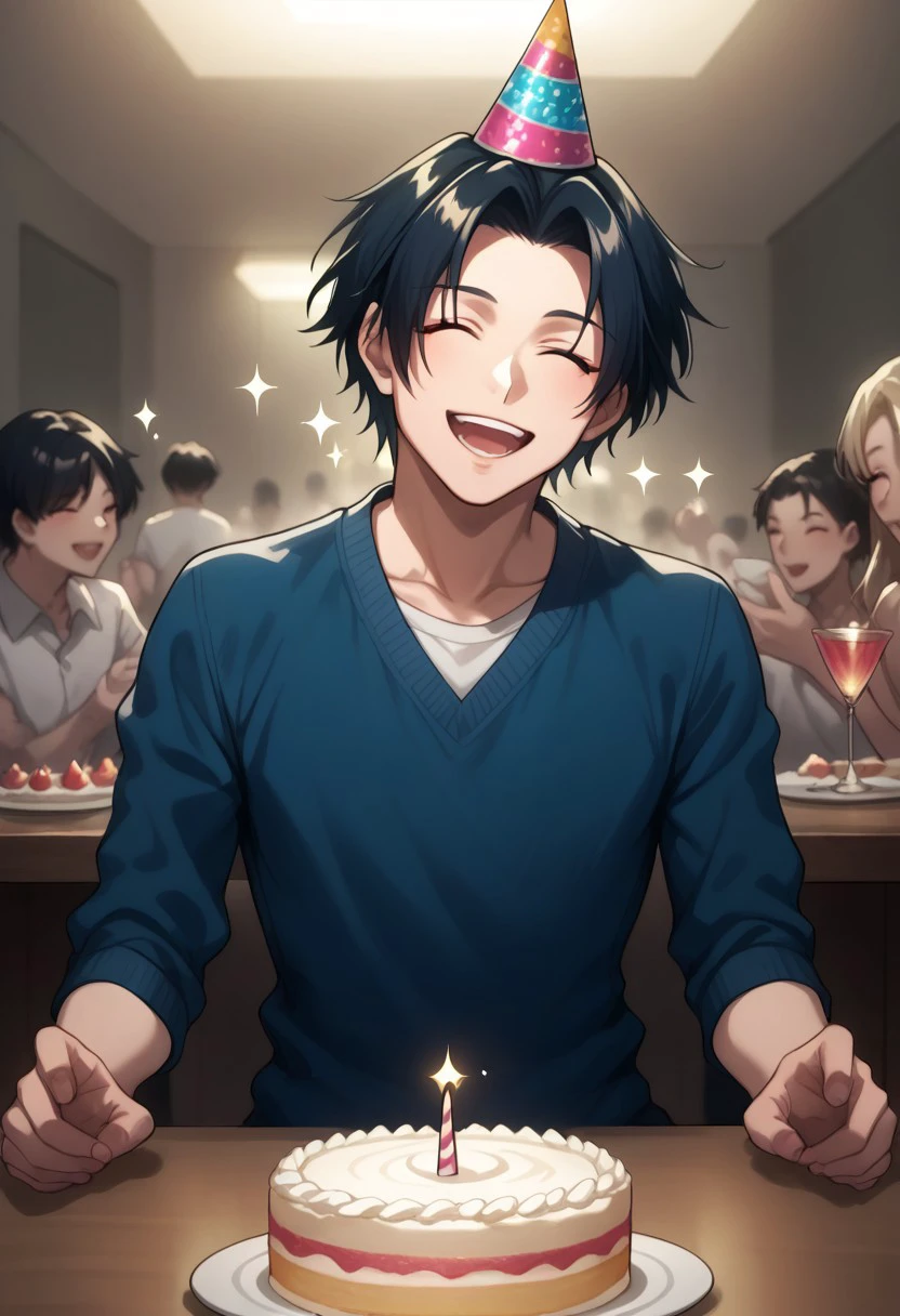 score_9, score_8_up, score_7_up, source_anime, rating_safe, sparkles effects, Porunter, 1boy, male focus, closed eyes, casual clothes, party hat, open mouth, wide smile, teeth, upper body, hands with five fingers, happy birthday, cake on table, simple patterned background, cute wallpaper, happy-cheery,