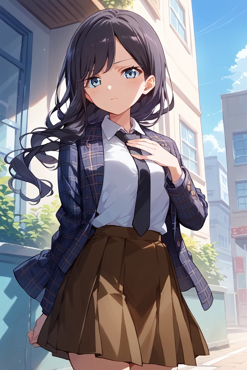 score_9, score_8_up, score_7_up, score_6_up, 1girl,
 <lora:Koharu_Yanagi:0.9> koharu, blue eyes, solo, skirt, necktie, long hair, black hair, plaid jacket, plaid, brown skirt, school uniform, shirt, pleated skirt, black necktie