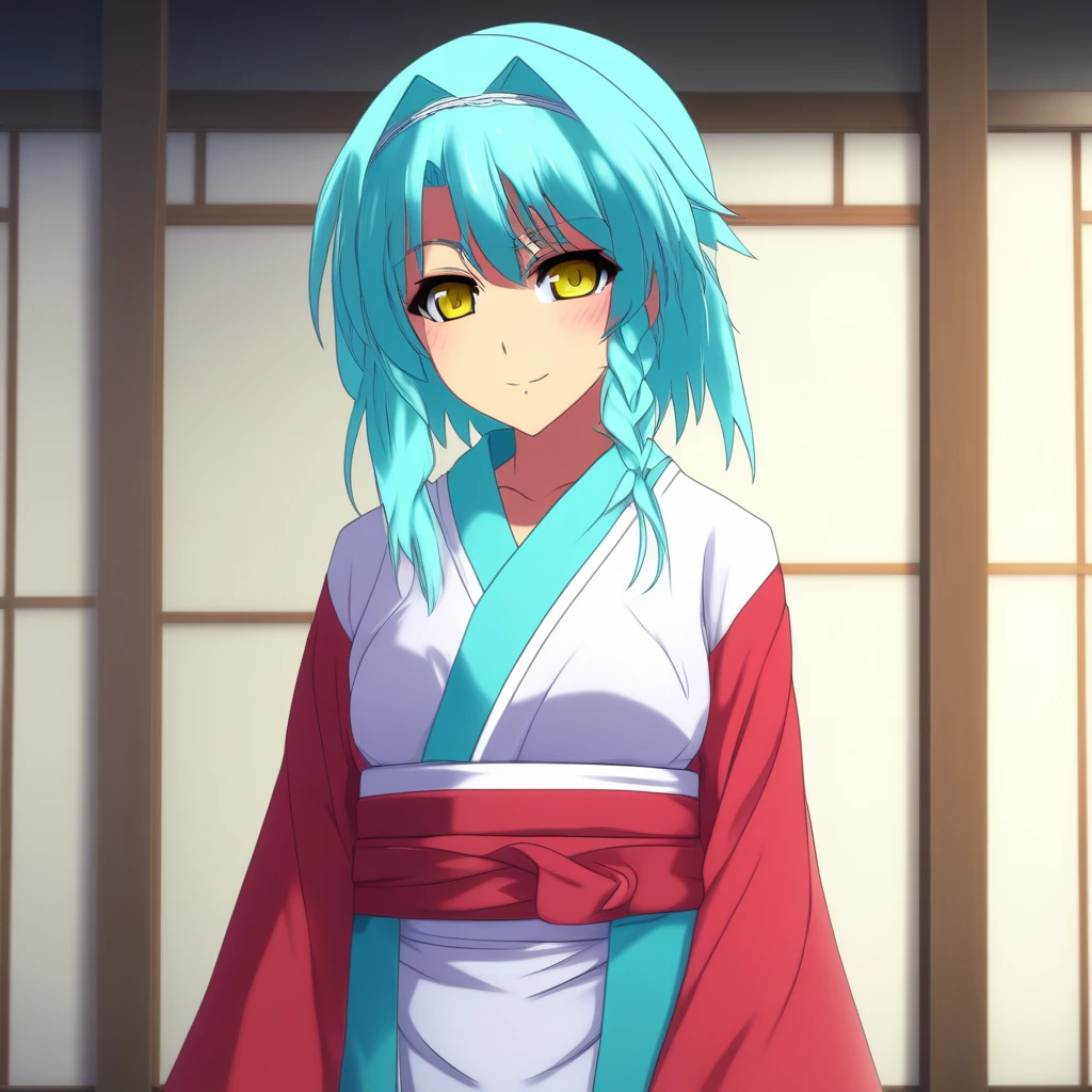 score_9, score_8_up, score_7_up, source_anime,  NonakaYuki, 1girl, solo, closed mouth, light smile, blush, aqua hair, yellow eyes, side braid, YukiWedding, japanese clothes, (hood:1.2), white kimono, red sash, standing, looking at the viewer,  indoors