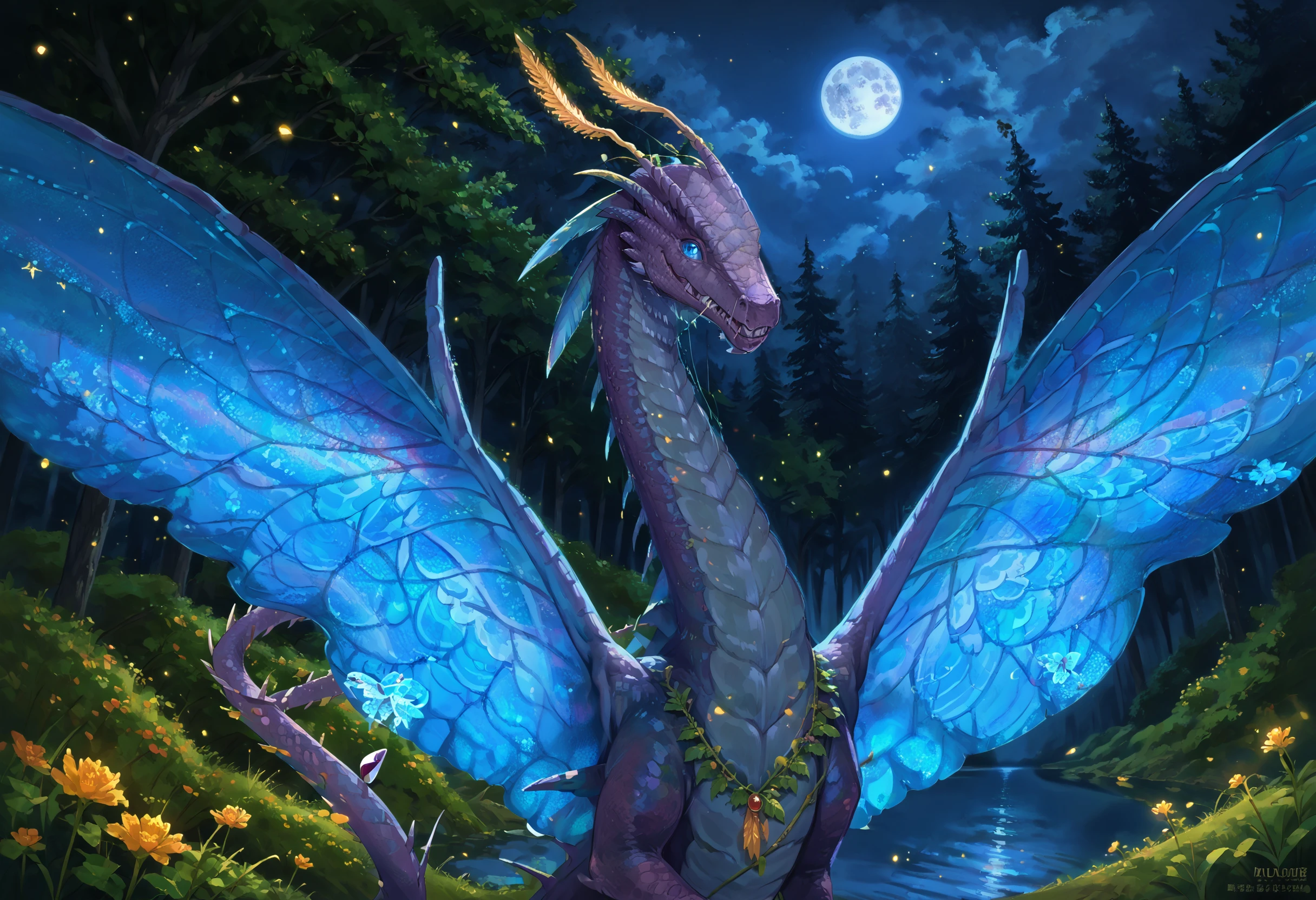 score_9, score_8_up, score_7_up, source_anime BREAK
forest, night, pond, bokeh, sparkles, moon, moonlight, trees, wildflowers, fireflies
a1vu, dragon, purple scales, blue eyes, wings, blue fairy wings,  tail
looking at viewer, standing, smile, looking at viewer, teeth
<lora:ponydragon-xl-v1:1> 
(cowboy shot:1.2), (dutch angle:1.2)
beautiful background, detailed scenery
<lora:A1VU:1>
<lora:add-detail-xl:1.6>