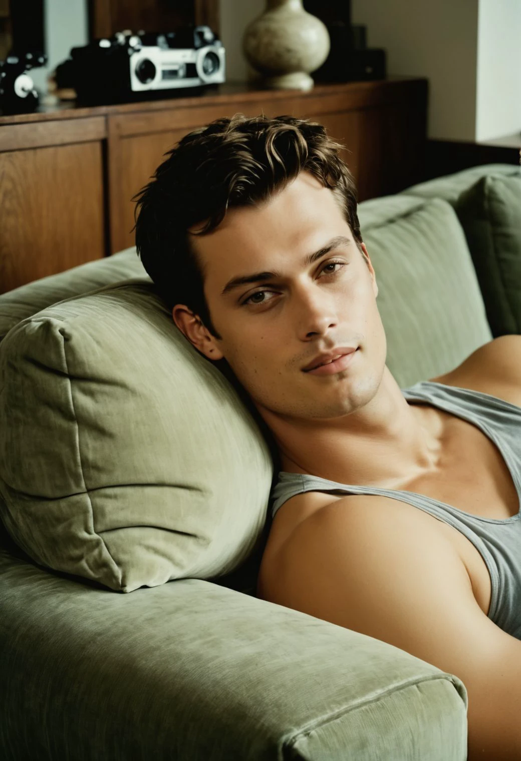 side view, full body view, analog film photo, Nicholas Galitzine a man <lora:Nicholas-Galitzine:1>, lying on cozy sofa, ((looking at the camera:2)),elbow on sofa, one hand support head, tank top ,open_shirt, shorts, (charming smile:1.3), fluffy cushions, faded film, desaturated ,35mm photo, grainy, vignette, vintage, Kodachrome, Lomography, stained, perfect face, highly detailed,