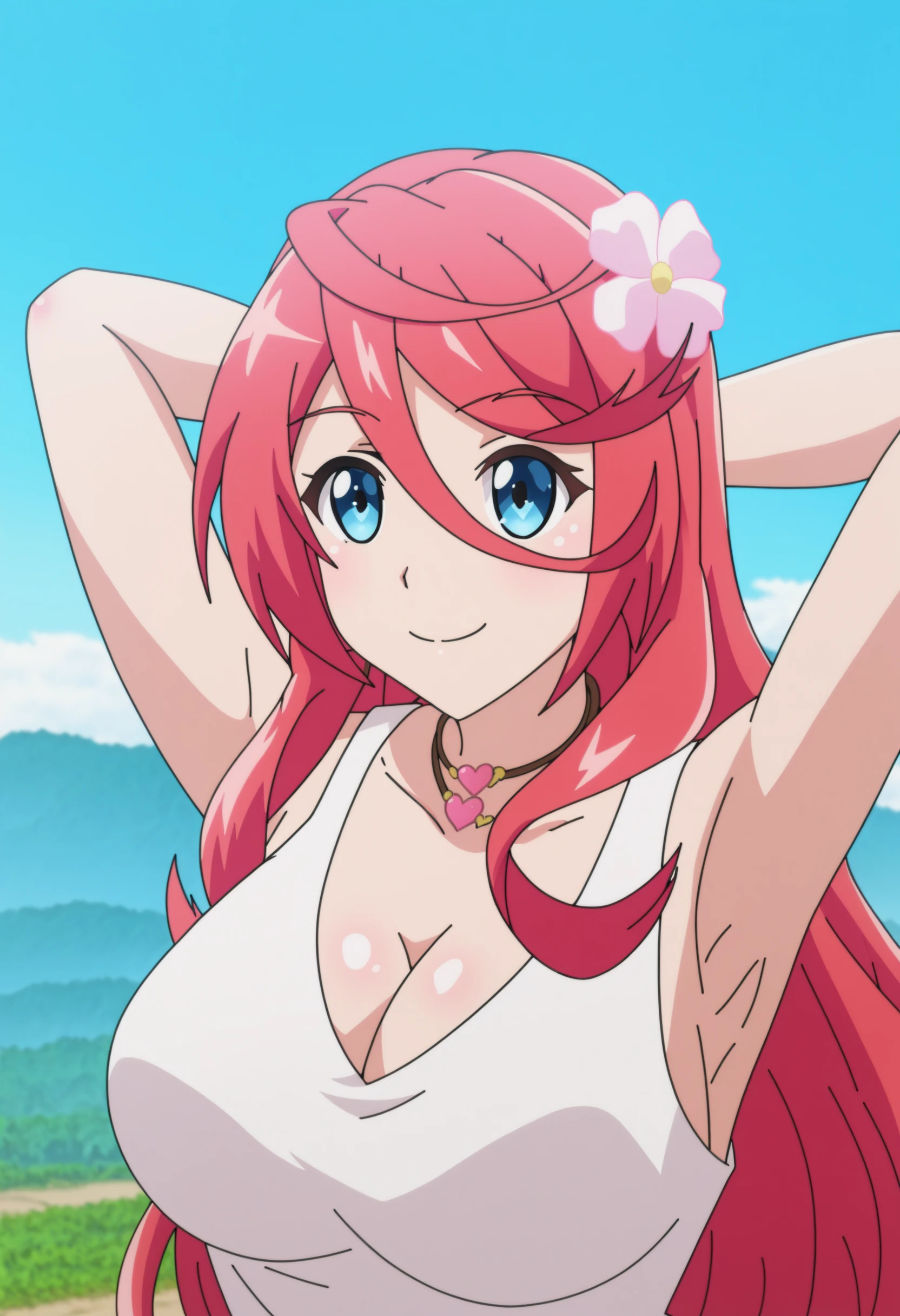 score_9, source_anime BREAK sysdeep_saria, 1girl, solo, long hair, breasts, smile, blue eyes, large breasts, hair ornament, hair between eyes, closed mouth, cleavage, jewelry, upper body, pink hair, flower, heart, outdoors, red hair, sky, choker, day, hair flower, armpits, necklace, arms up, tank top, arms behind head, heart necklace, <lora:Saria - [The Fruit of Evolution] - Pony Version 1:1>