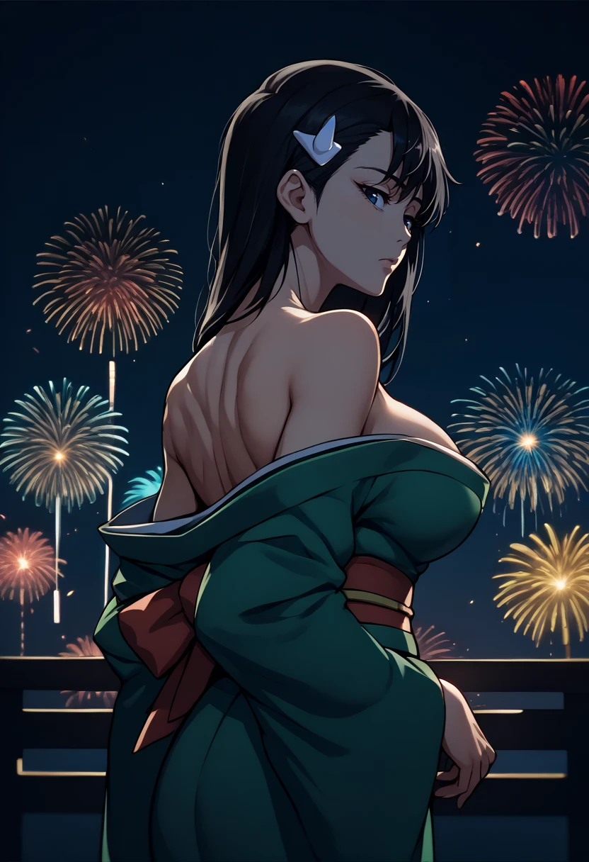 score_9, score_8_up, score_7_up, source_anime, from behind, solo, 1girl, niihashi noel, expressionless, looking back, black hair, hairclip, japanese clothes, green kimono, off shoulder, red sash, bare shoulders, large breasts, fireworks <lora:burnthewitch_niihashi_ponyXL:1>