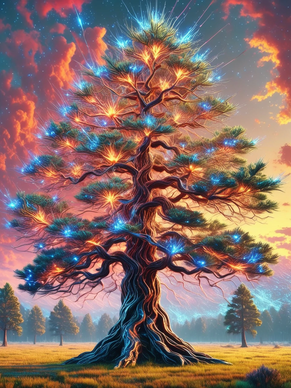 gigantic pine tree made of spiking neurons standing in solitude, outdoors, absurdres, vibrant, 8k uhd, masterpiece art sky, aesthetic, sunset lighting