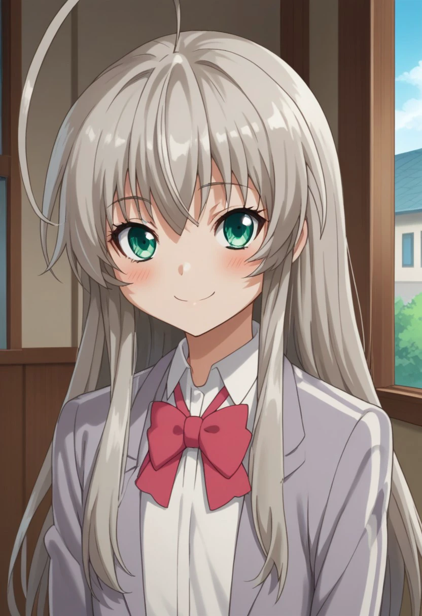 score_9, score_8_up, score_7_up, source_anime, highly detailed, 
Nyaruko, 1girl, grey hair, green eyes, smile, ahoge, huge ahoge, long hair, solo, school uniform, blush, bow, red bow, upper body,
indoor, house, japan, smile