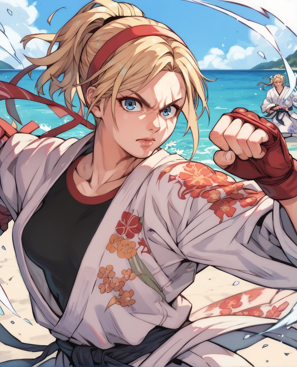 score_9,score_8_up,score_7_up,score_6_up,lidiasxl,blue eyes,ponytail,blonde hair,red hairband,white floral print karate gi,black undershirt,
red gloves,fighting stance,
dojo,sea,
<lora:LidiaXL2:0.9>,looking at viewer,