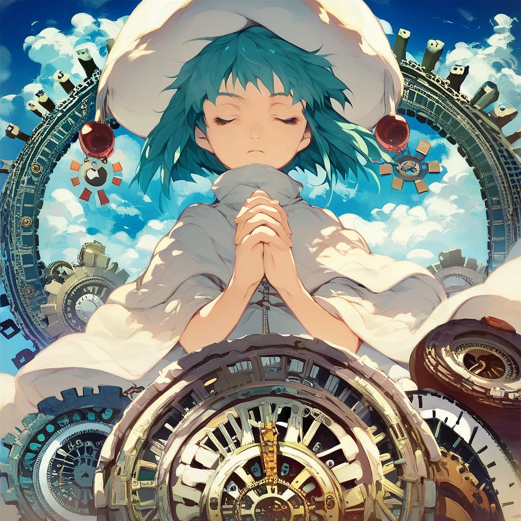 score_9, score_8_up, score_7_up, score_6_up, Hecate, 1girl, solo, short hair, hat, blue hair, closed eyes, green hair, sky, cloud, own hands together, clock, own hands clasped, gears, praying, sensitive