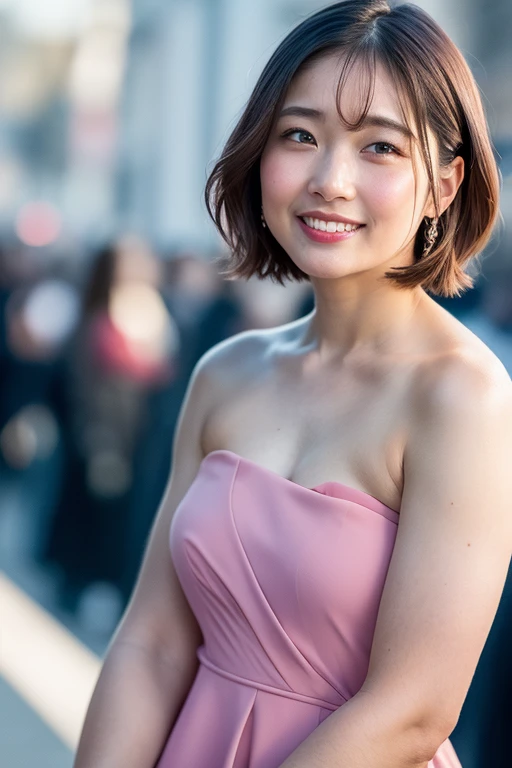 1girl, (masterpiece, RAW photo, best quality:1.4), (realistic, photo-realistic:1.4), extremely detailed, 8k wallpaper, ultra-detailed, highres, soft light, beautiful girl, young Japanese idol, brown eyes, (upper body:1.4), (seductive smile:1.6), (short hair:1.2),  (strapless camisole:1.4),  (walking in a bustling city street:1.4), relaxed aura, gravure photo, detailed eyes and face, perfect anatomy, shiny skin, detailed skin, (blurry background:1.2), professional lighting, shallow depth of field, vibrant colors, glossy finish, pastel colors, high fashion, editorial style, cinematic lighting, artistic composition,    <lora:miyamotoyume_lora-v2_03:0.9>